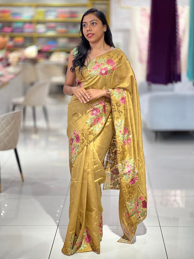 Cut Work With Floral Embroidered Semi Tussar Saree | SUN436