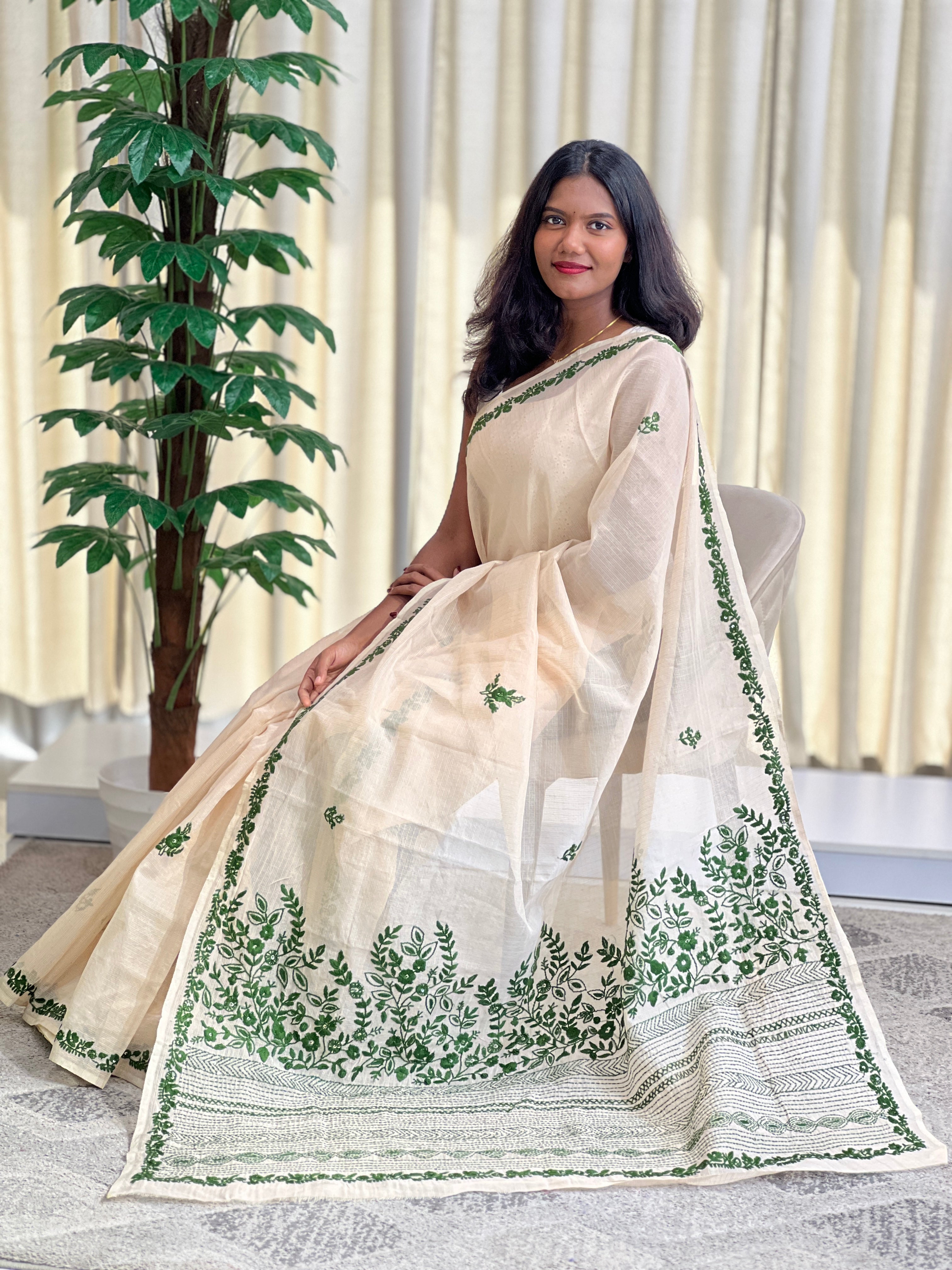 Hand Embroidered Muga Check Organza Saree | JSC752