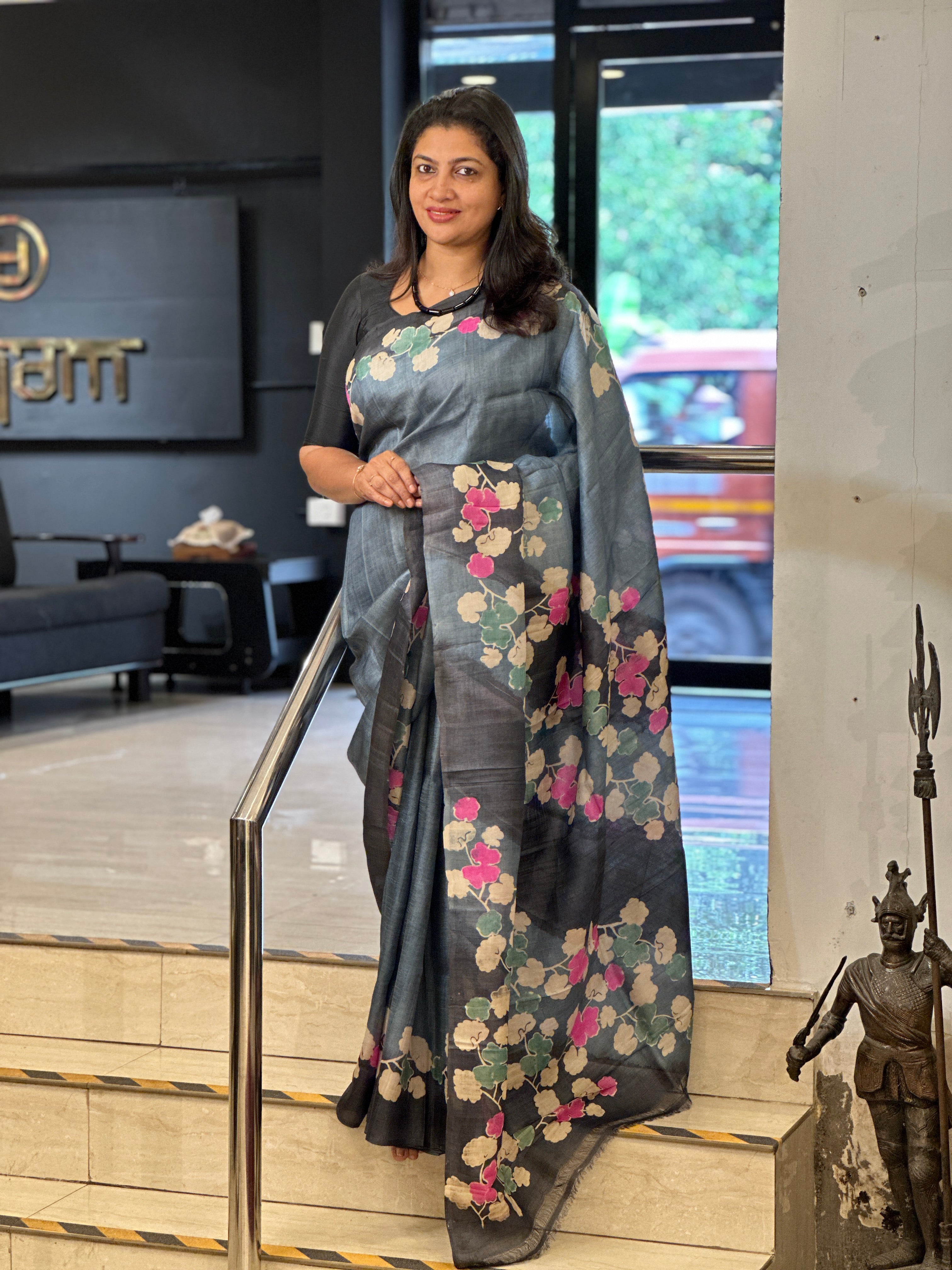 Hand Block Discharge Printed Pure Desi Tussar Saree | AYD175