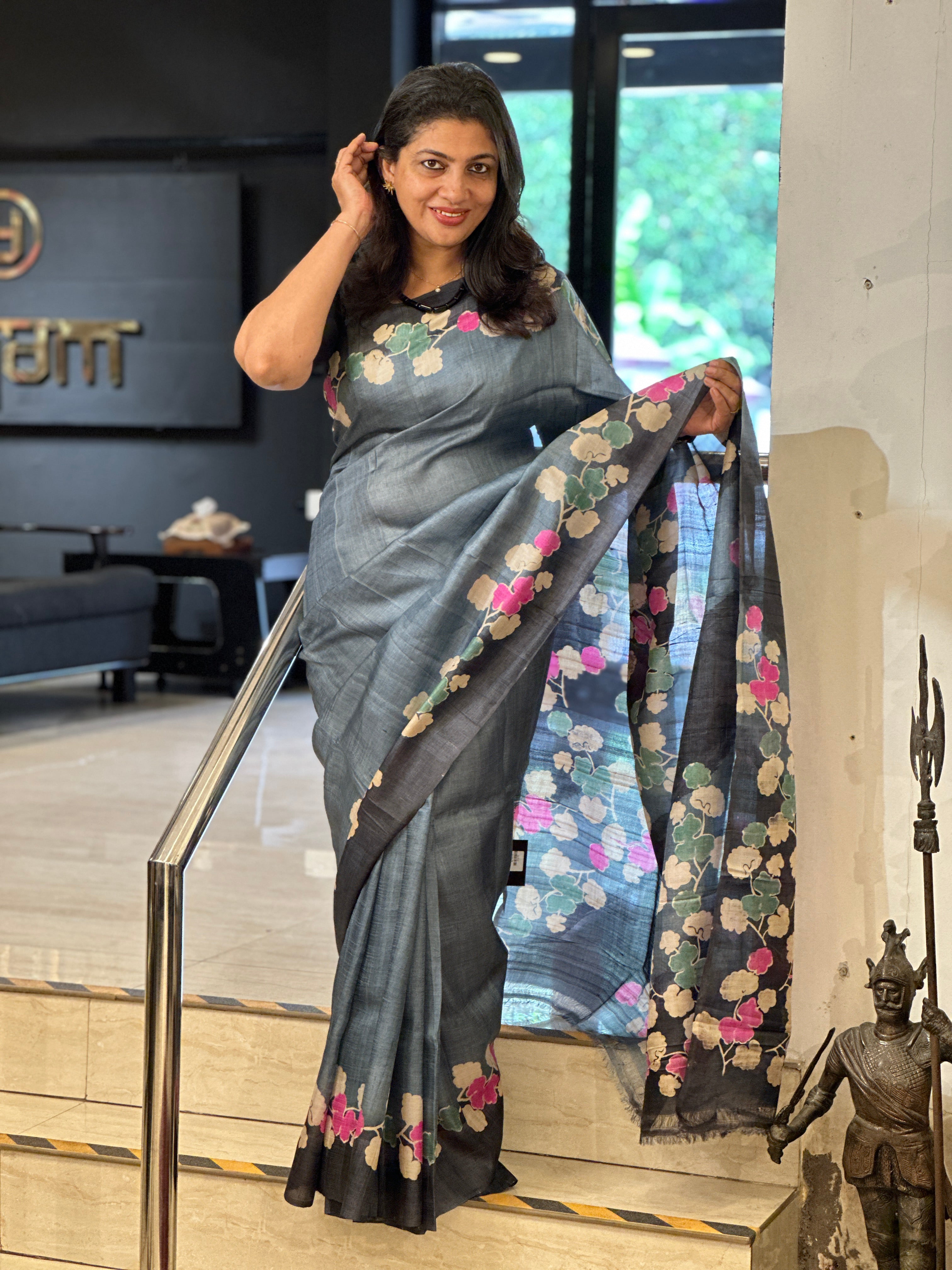 Hand Block Discharge Printed Pure Desi Tussar Saree | AYD175