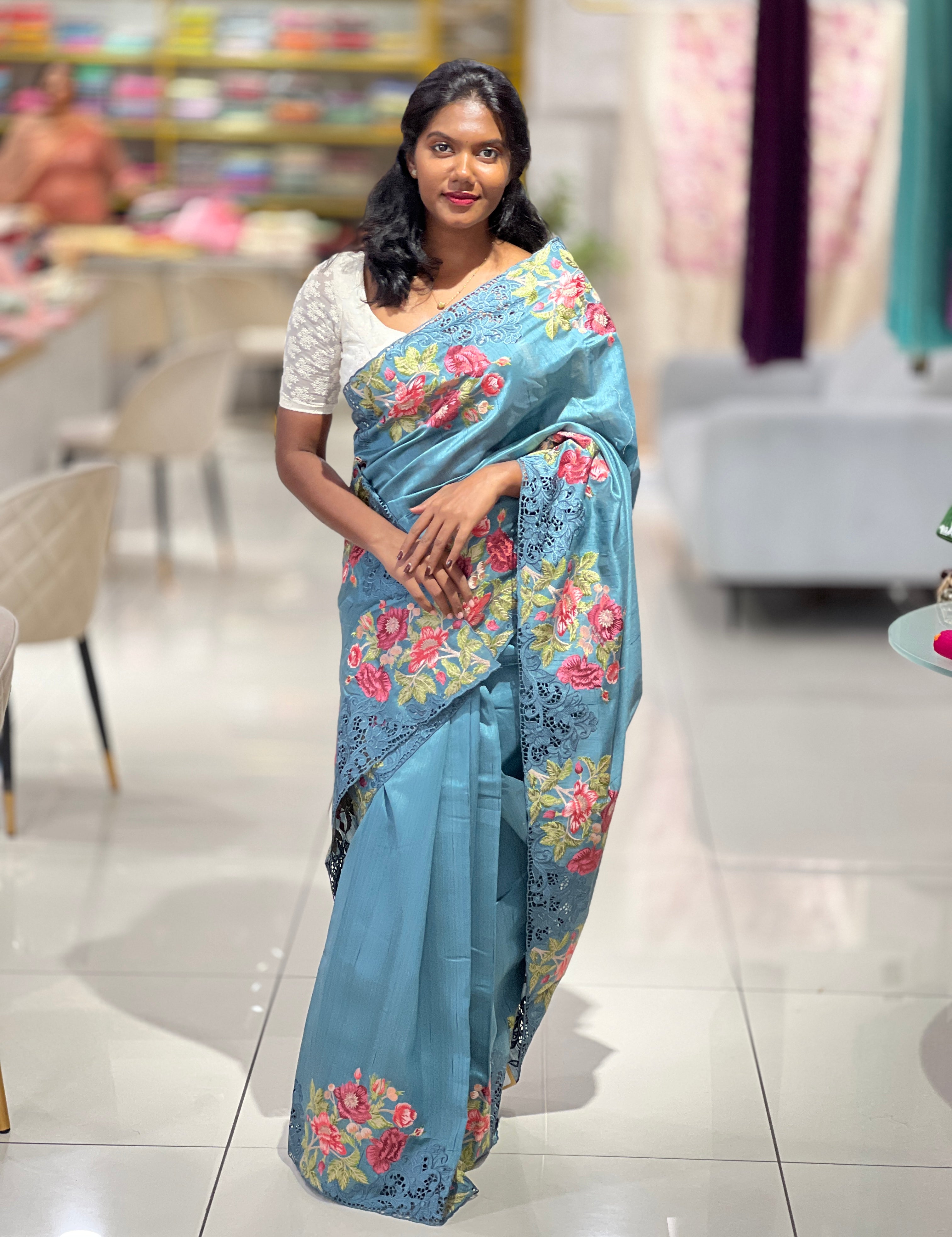 Cutwork Floral Embroidery Semi Tussar Saree | SUN435