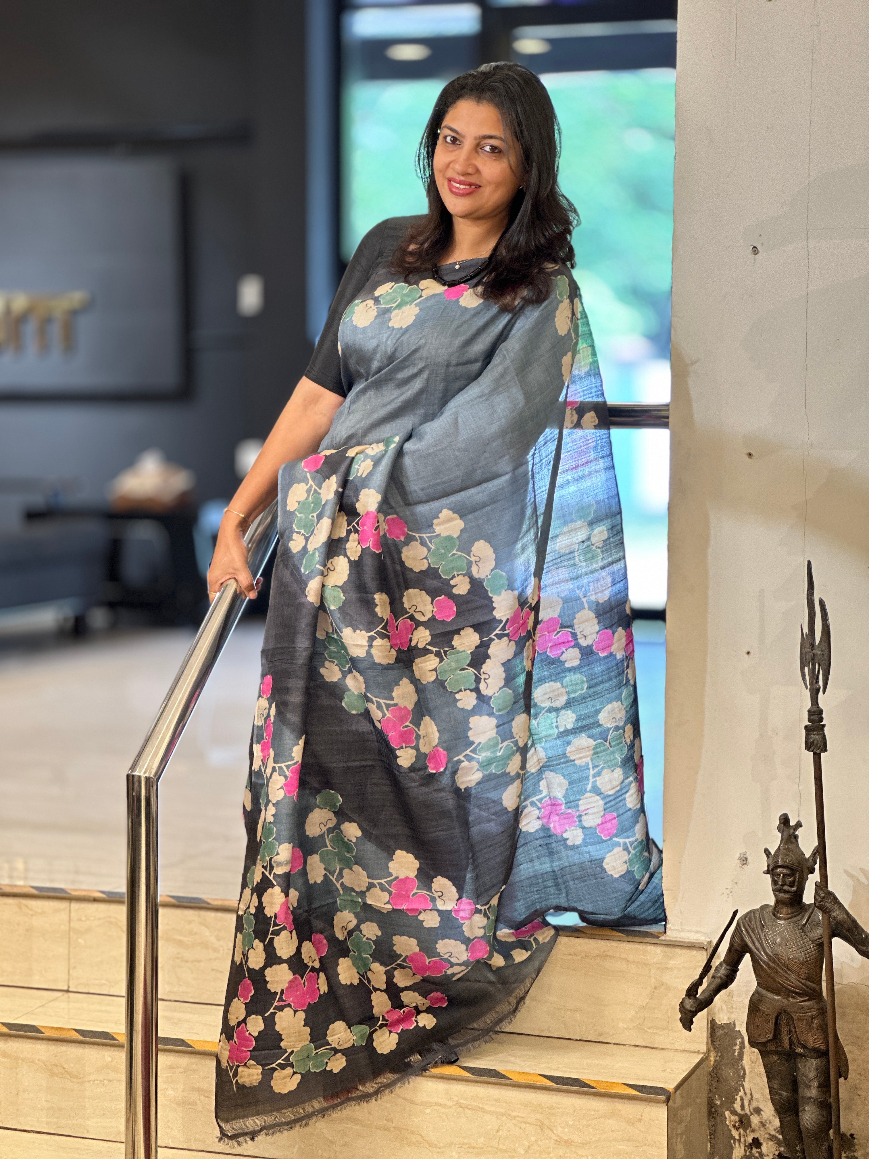 Hand Block Discharge Printed Pure Desi Tussar Saree | AYD175