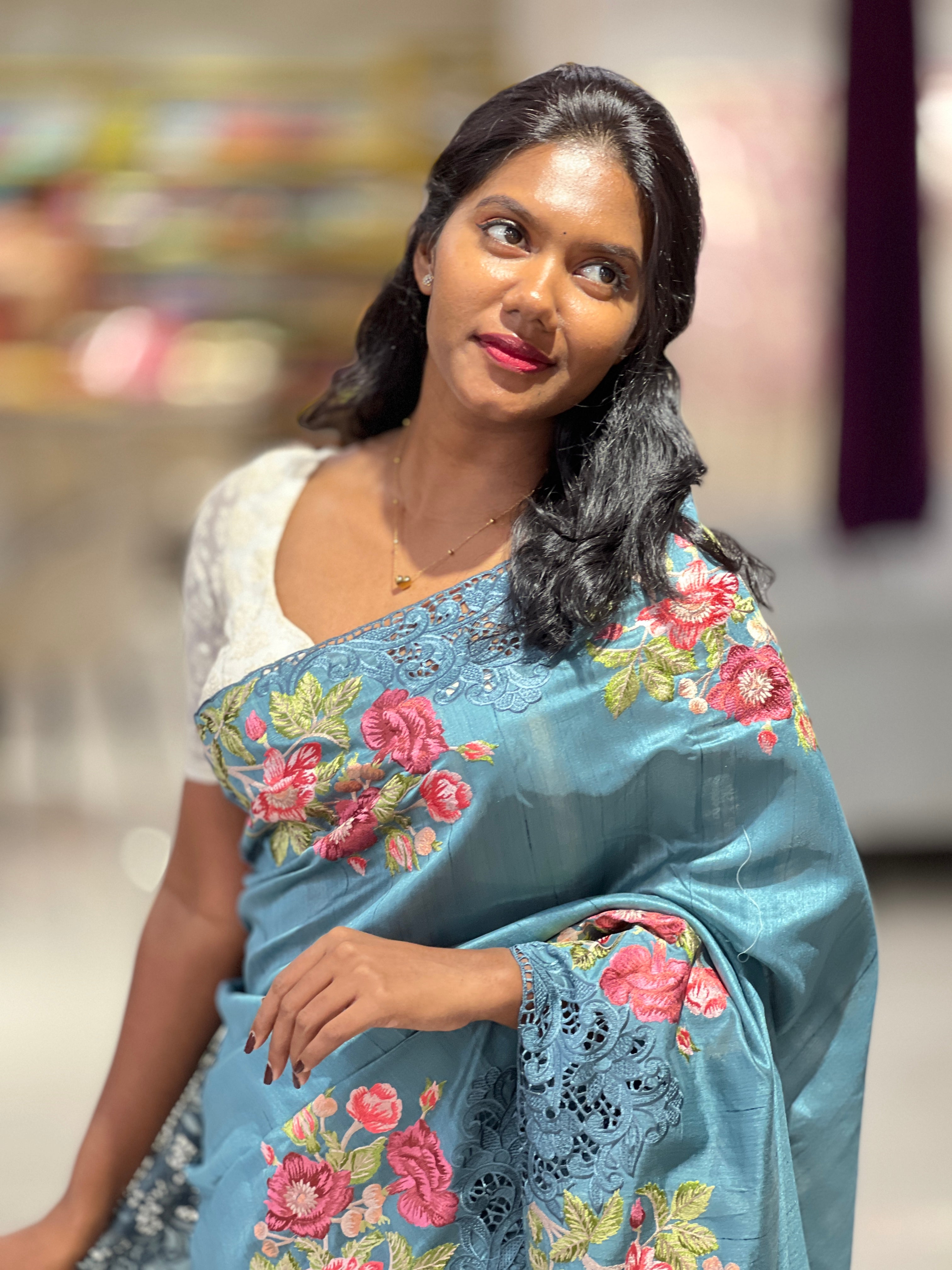 Cutwork Floral Embroidery Semi Tussar Saree | SUN435