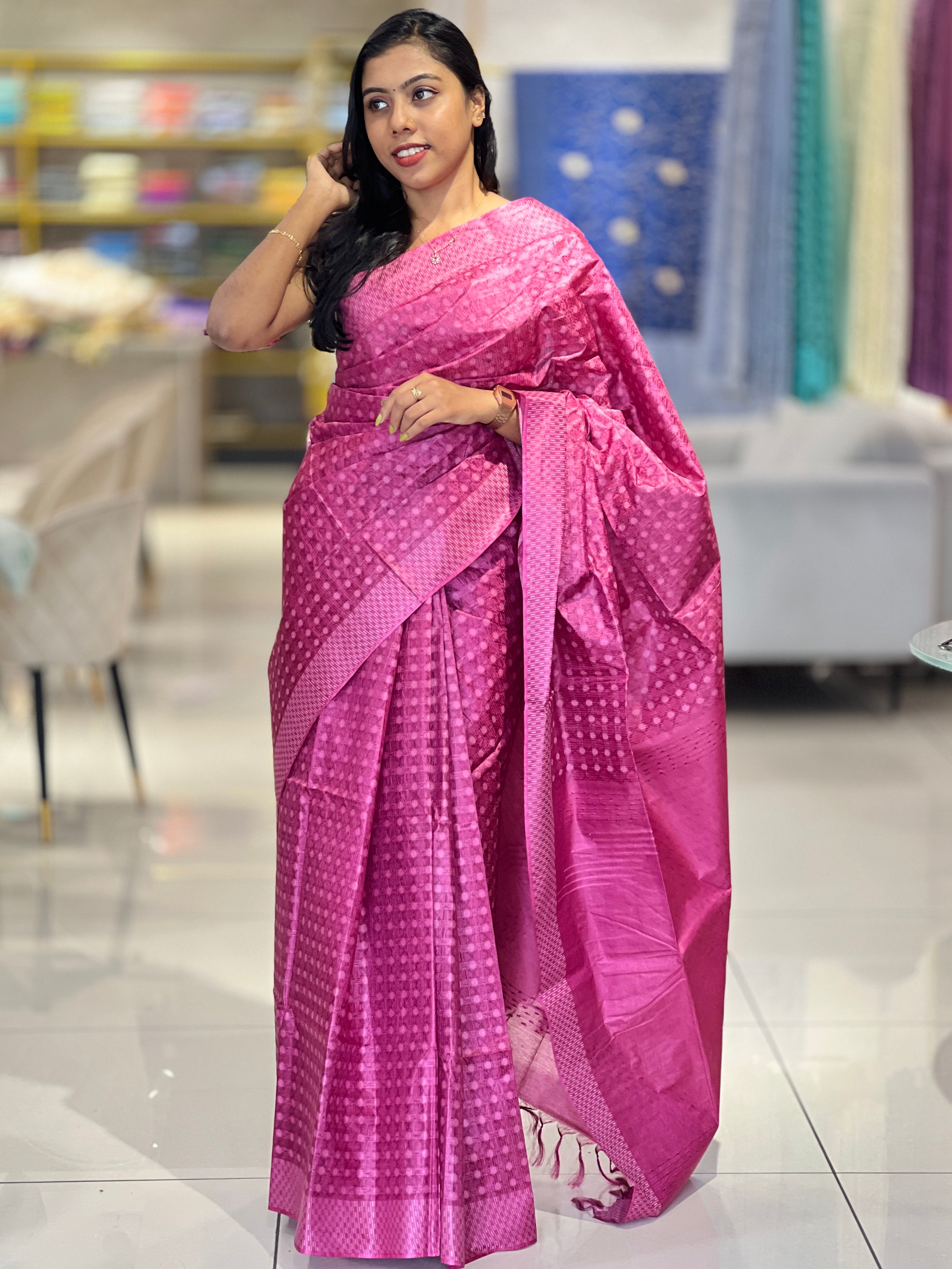 Geometric Pattern Thread Weaved Bamboo Tussar Saree | PNS170