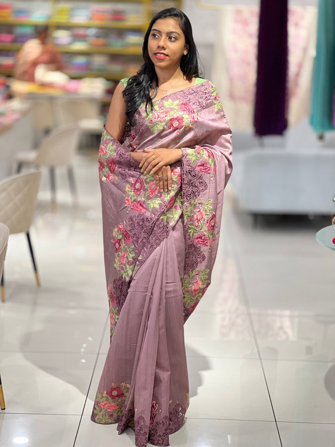 Cutwork Floral Embroidery Semi Tussar Saree |  SUN432