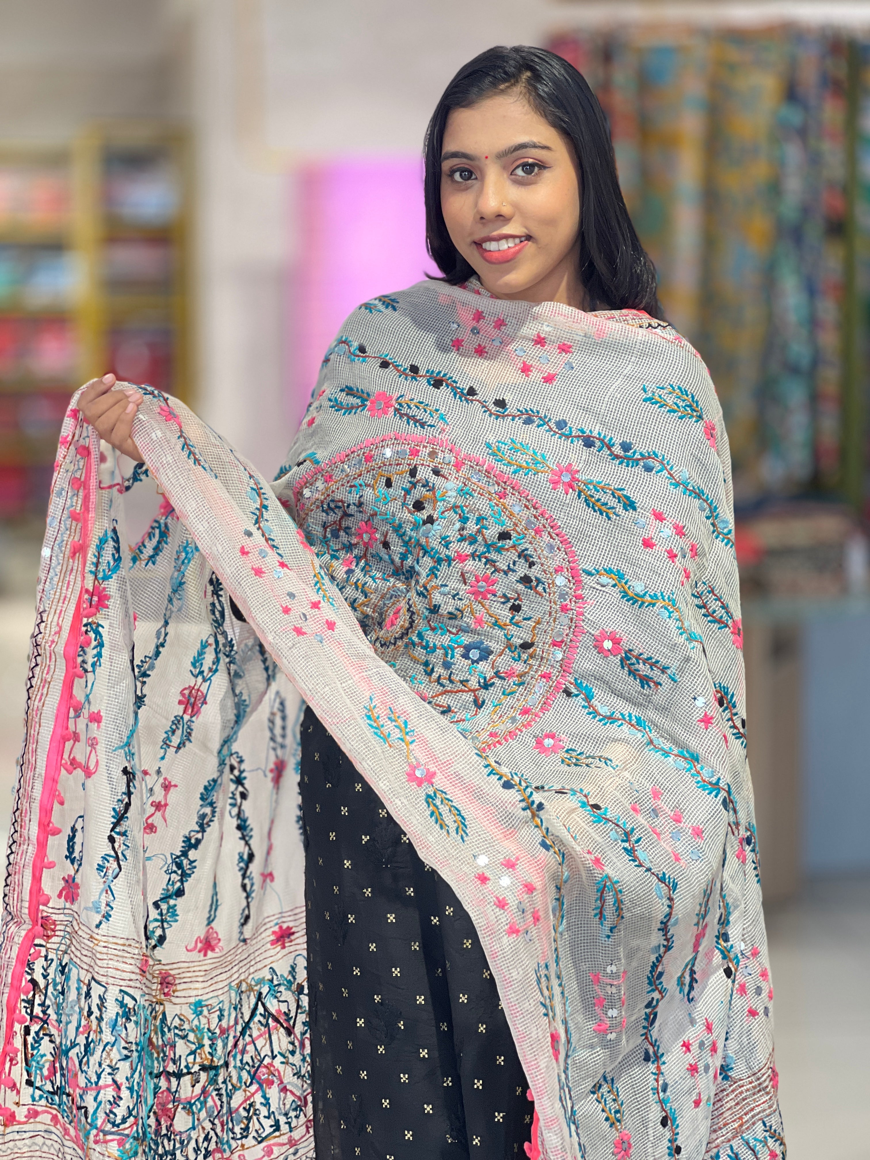 Thread Embroidery Detailed Kota Dupatta | VET268