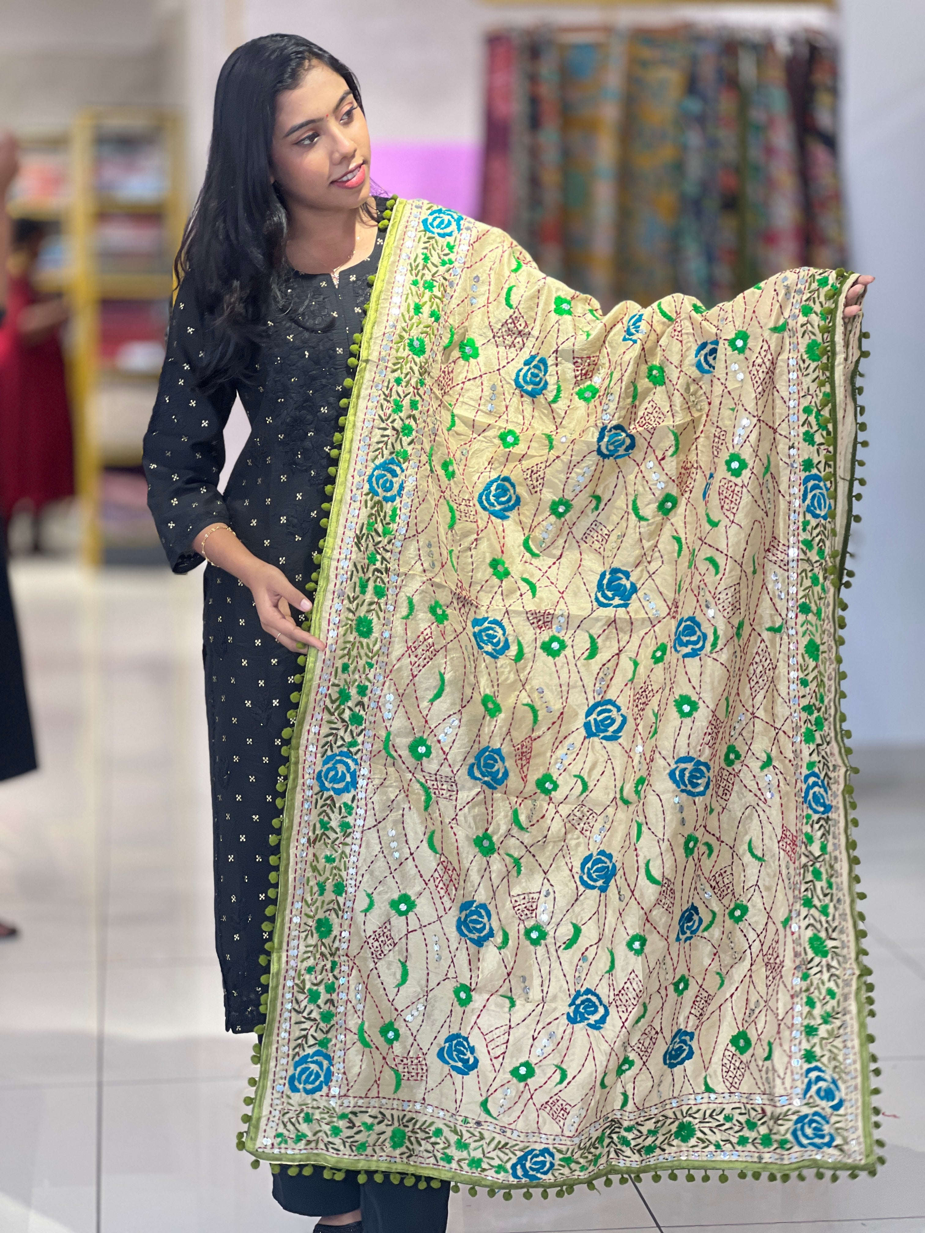 Traditional Thread Embroidery Detailed Chanderi Finish Dupatta | VET257