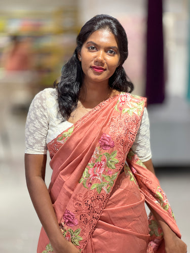 Cutwork Floral Embroidery Semi Tussar Saree | SUN434
