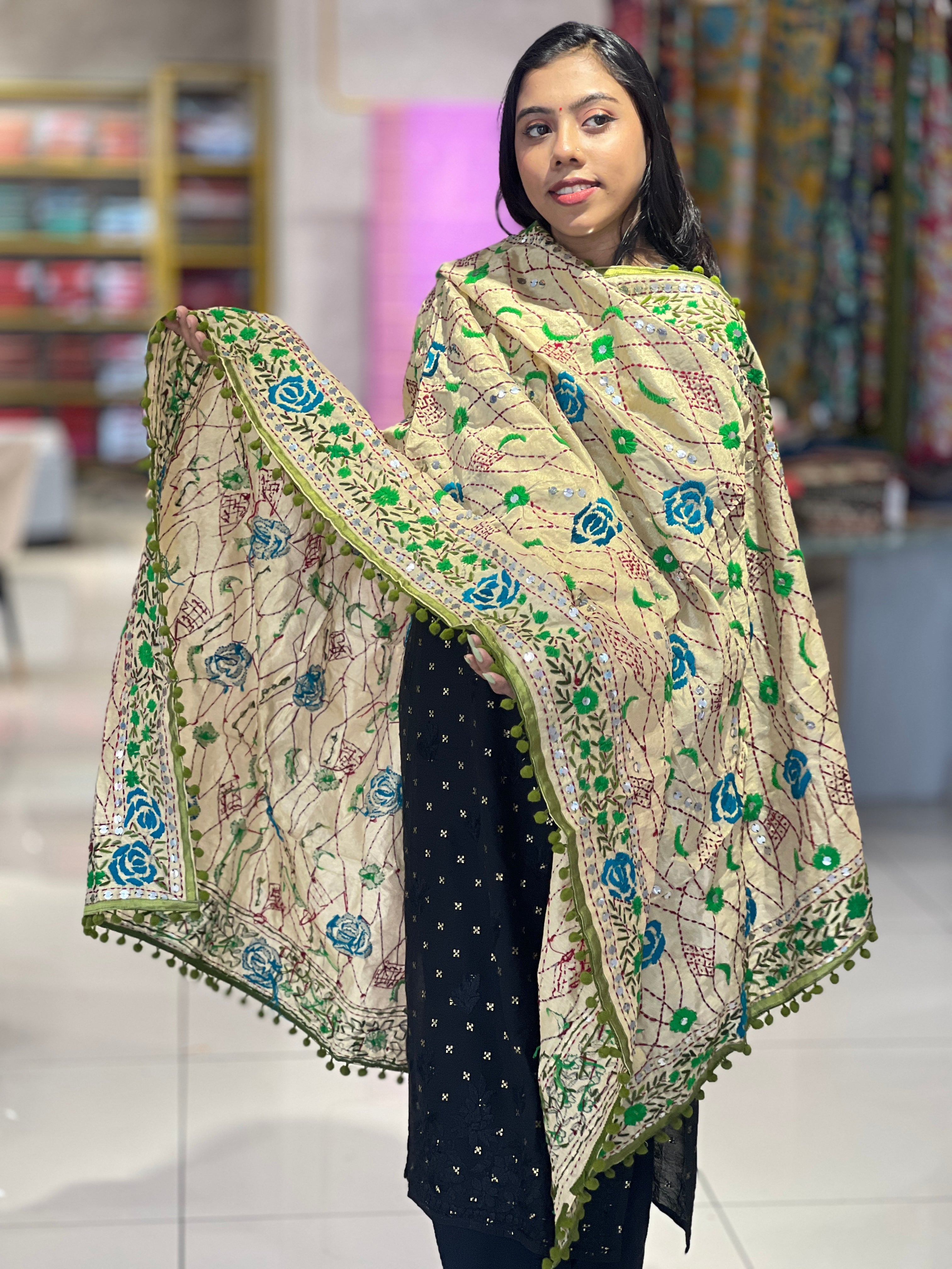 Traditional Thread Embroidery Detailed Chanderi Finish Dupatta | VET257