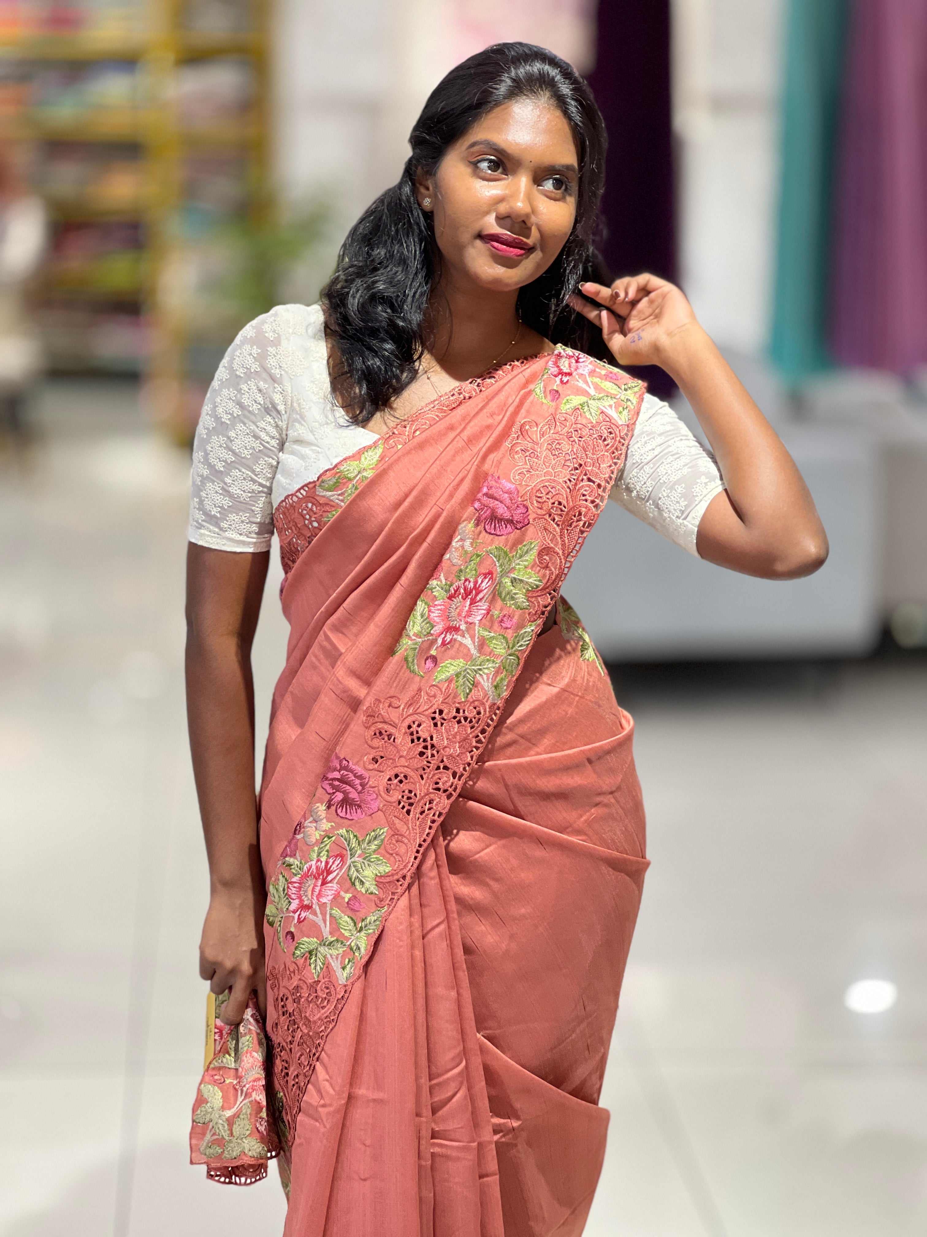 Cutwork Floral Embroidery Semi Tussar Saree | SUN434