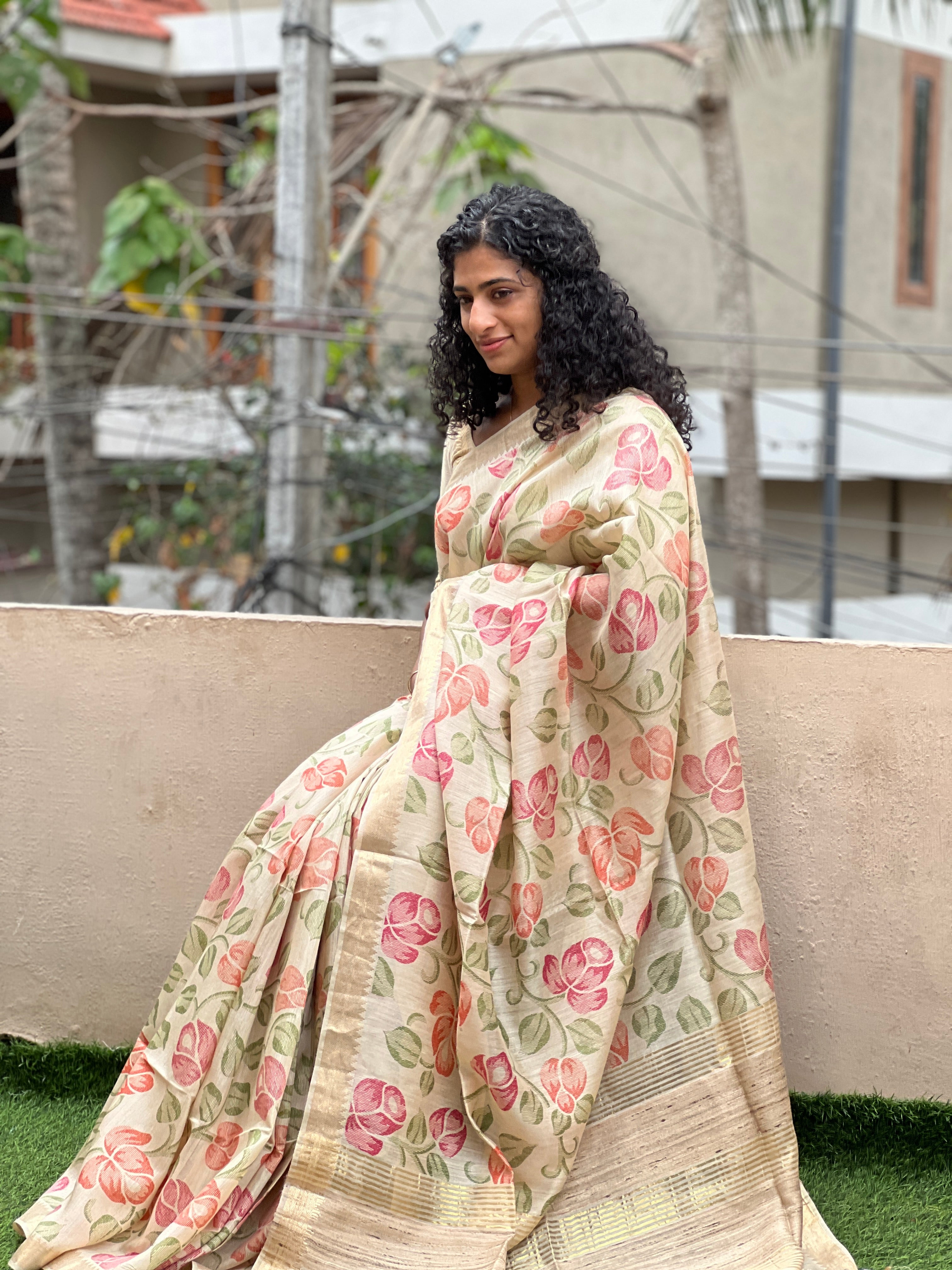 Floral Printed Tussar Saree | RUS109