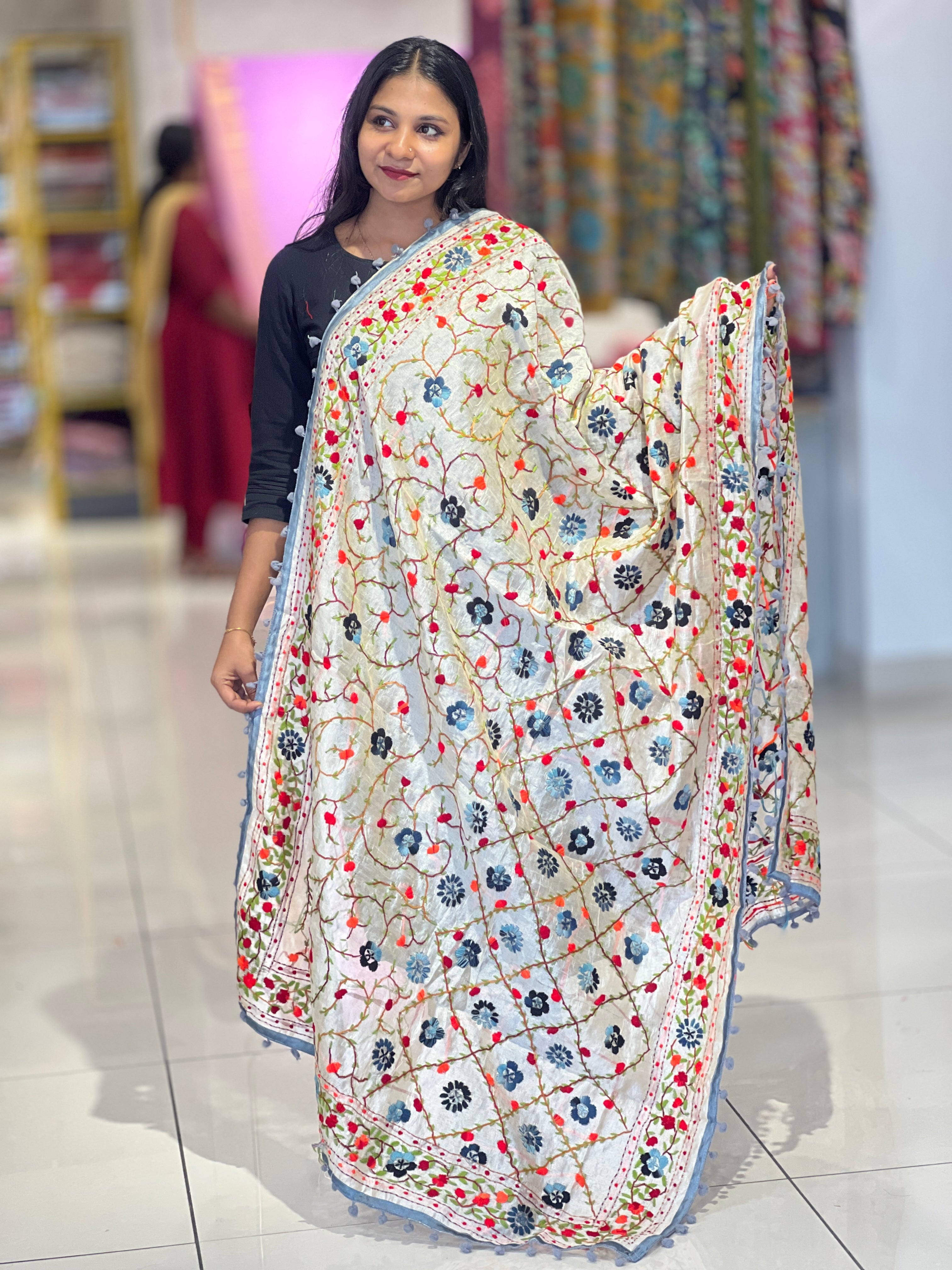 Traditional Thread Embroidery Detailed Chanderi Finish Dupatta | VET306