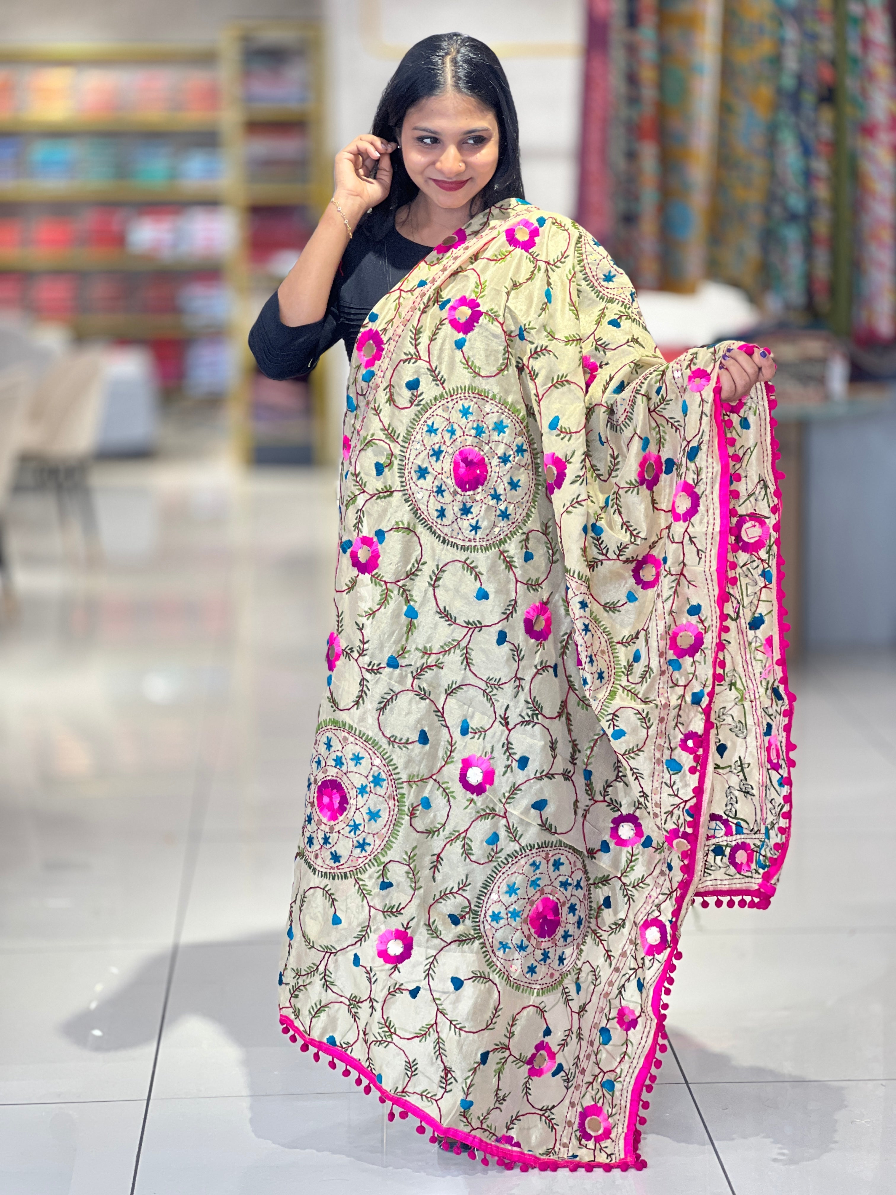 Traditional Thread Embroidery Detailed Chanderi Finish Dupatta | VET291