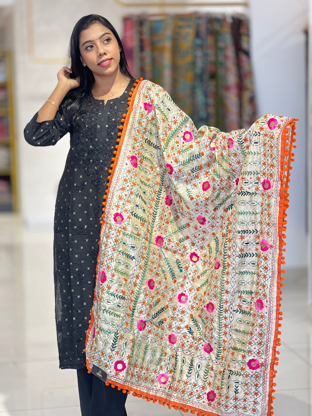 Traditional Thread Embroidery Detailed Chanderi Finish Dupatta | VET273