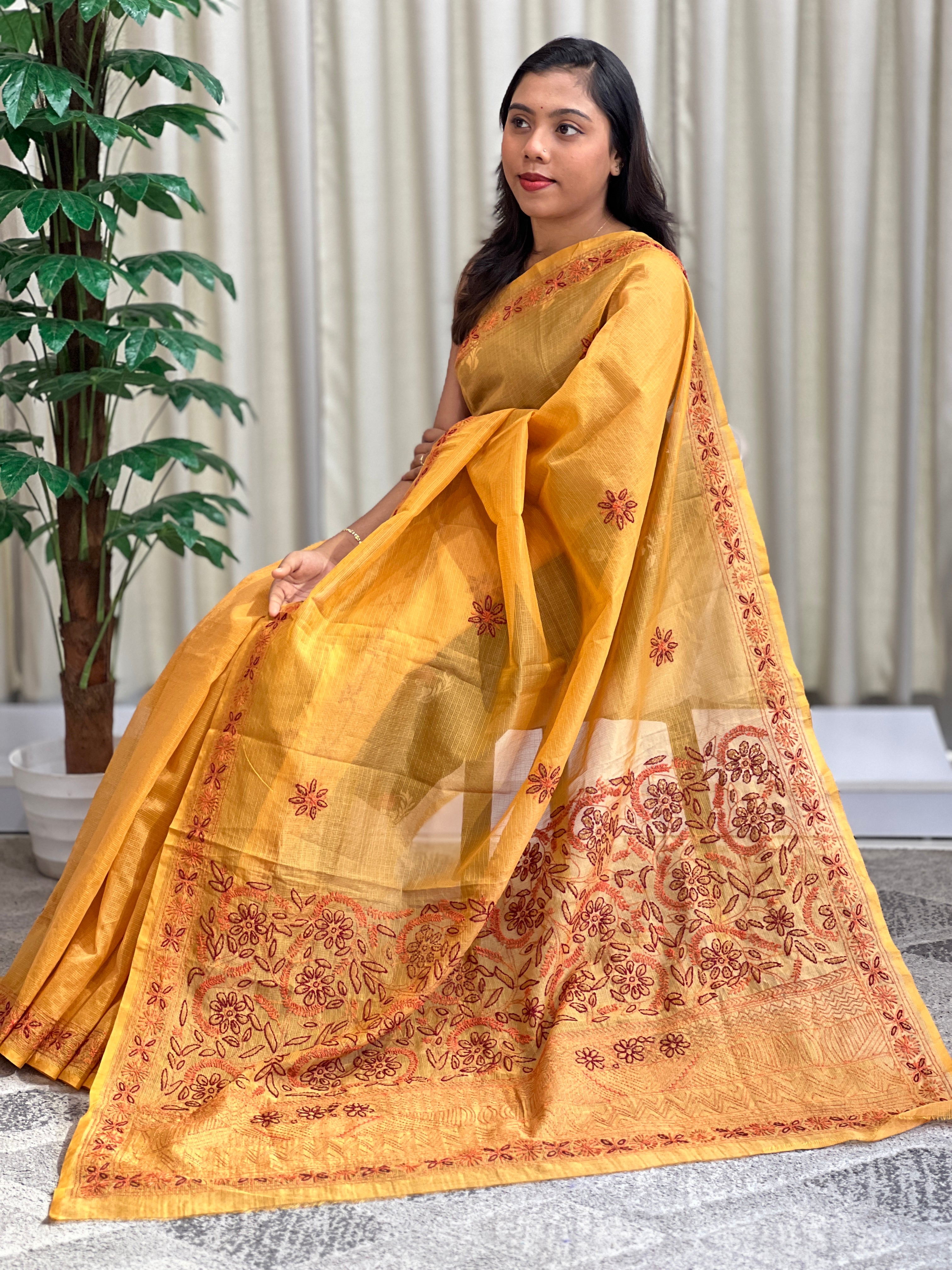 Hand Embroidered Muga Check Organza Saree | JSC761