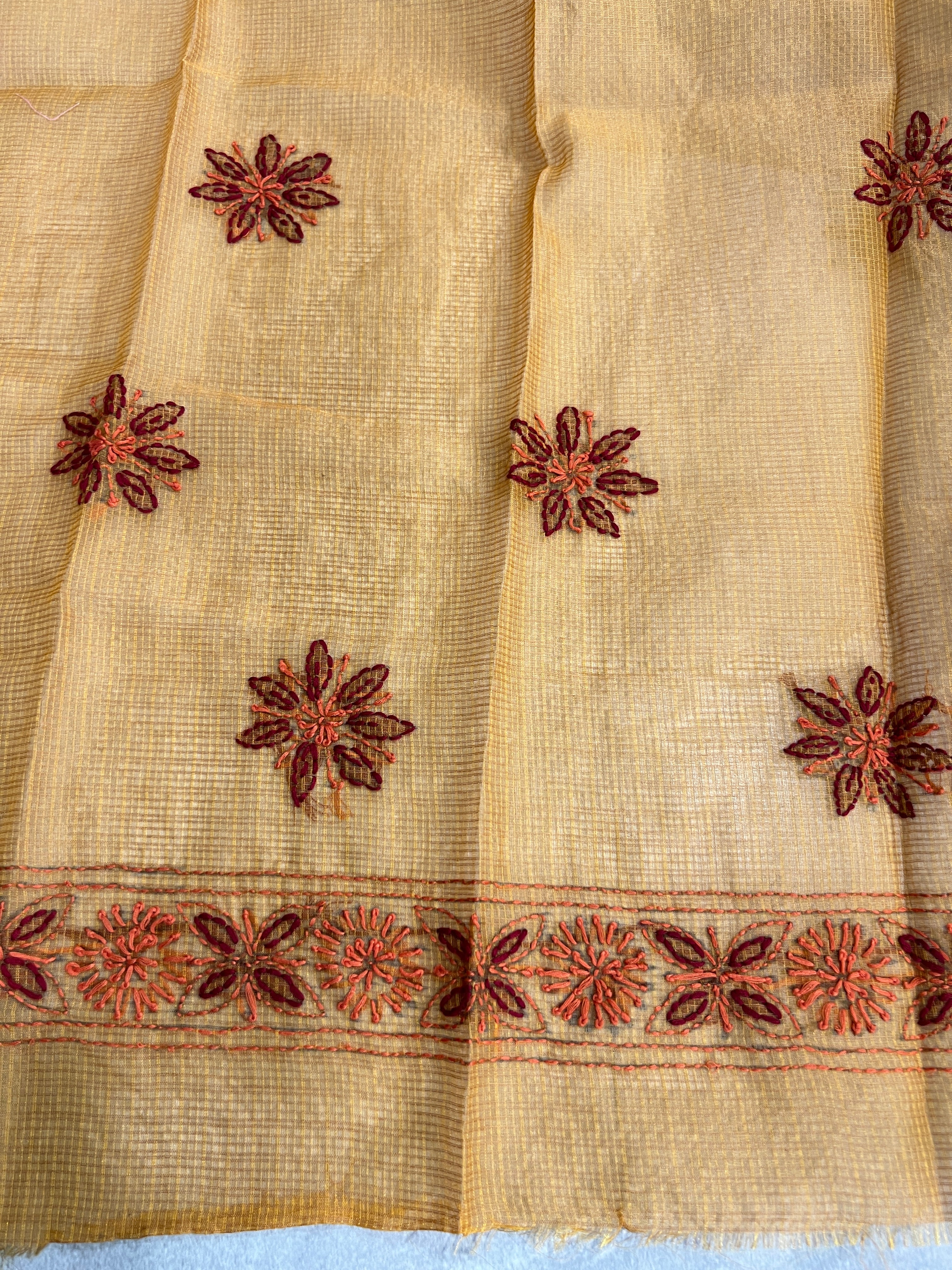 Hand Embroidered Muga Check Organza Saree | JSC761