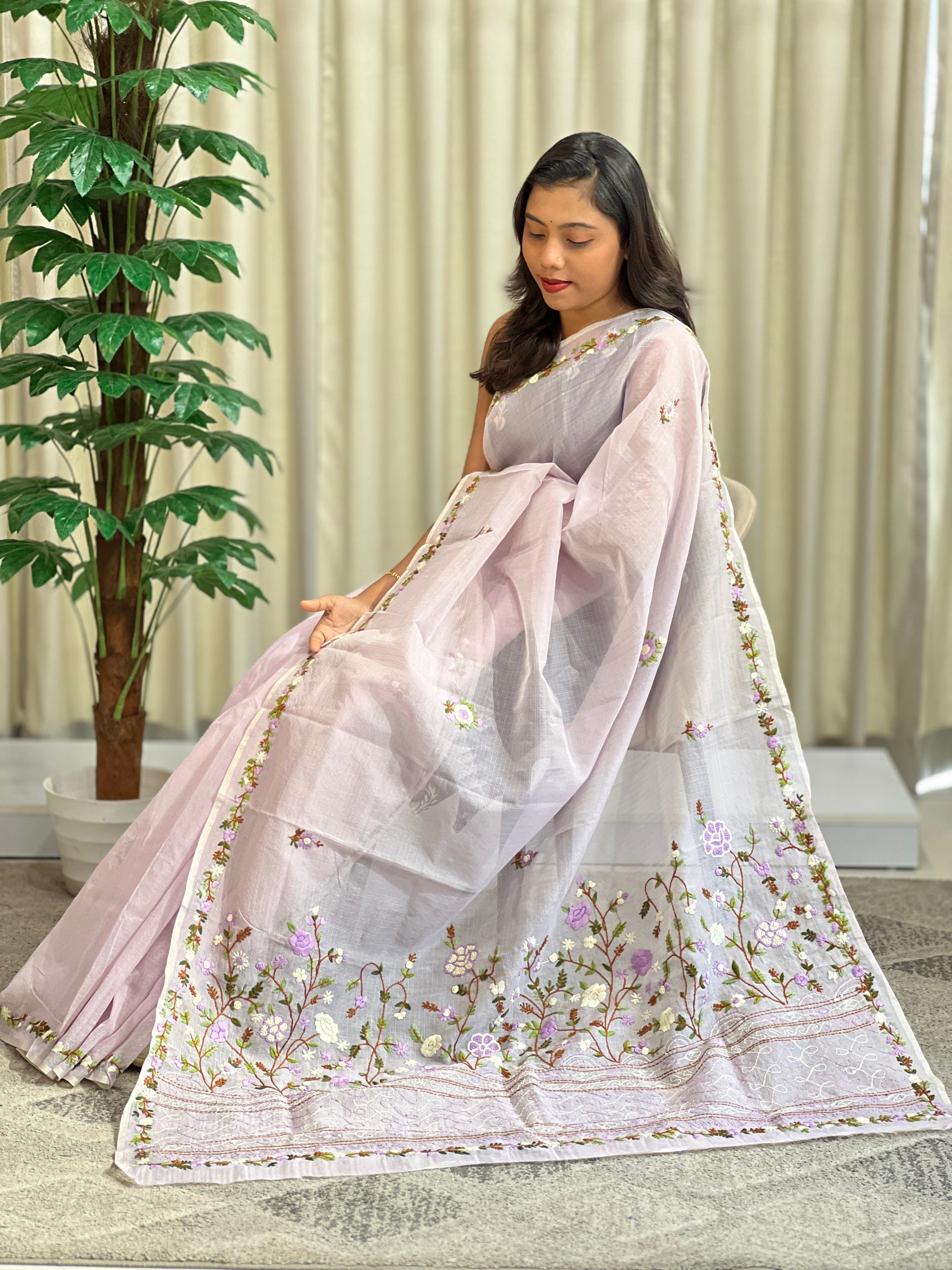 Hand Embroidered Muga Check Organza Saree | JSC750