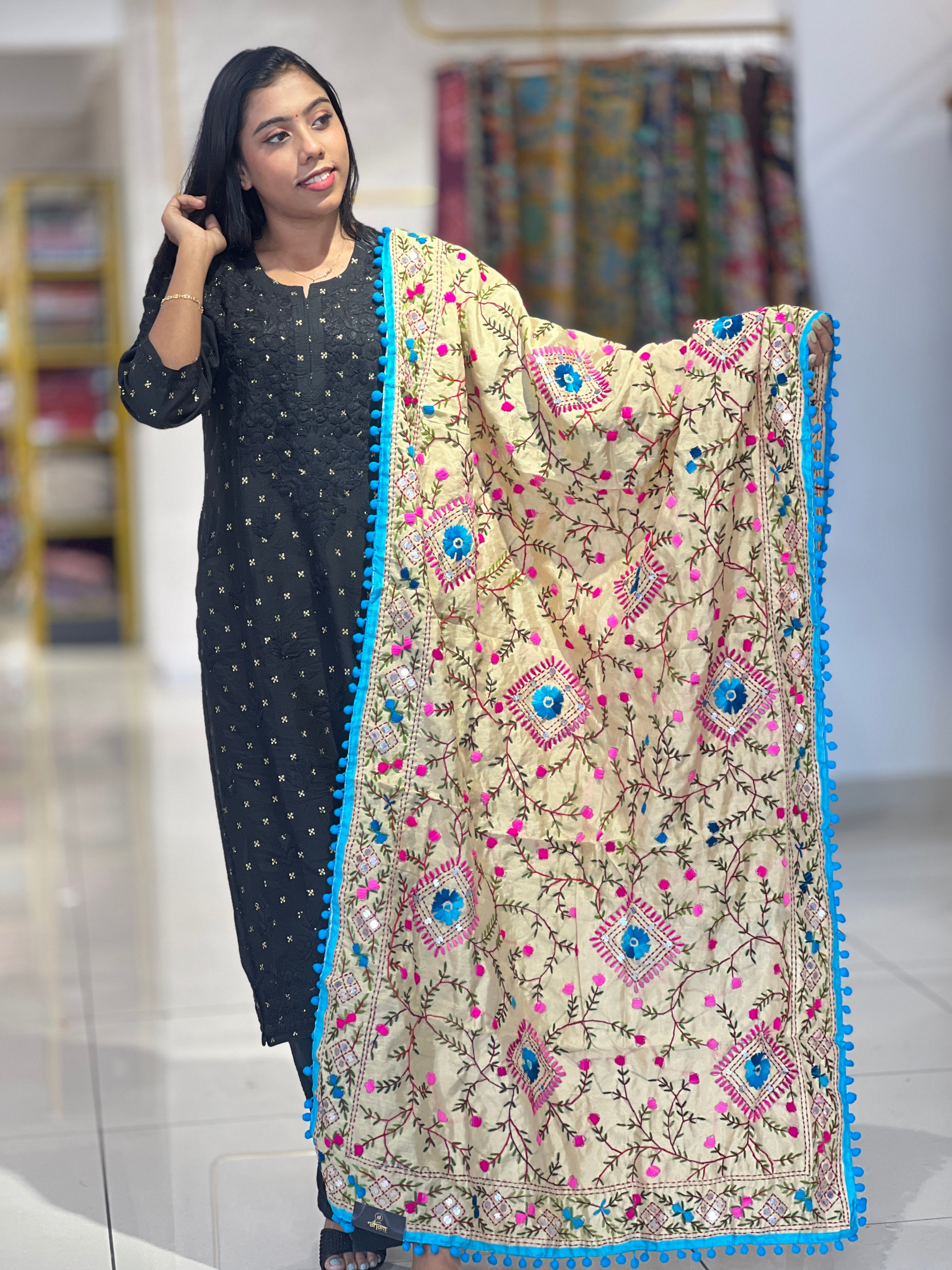 Traditional Thread Embroidery Detailed Chanderi Finish Dupatta | VET292