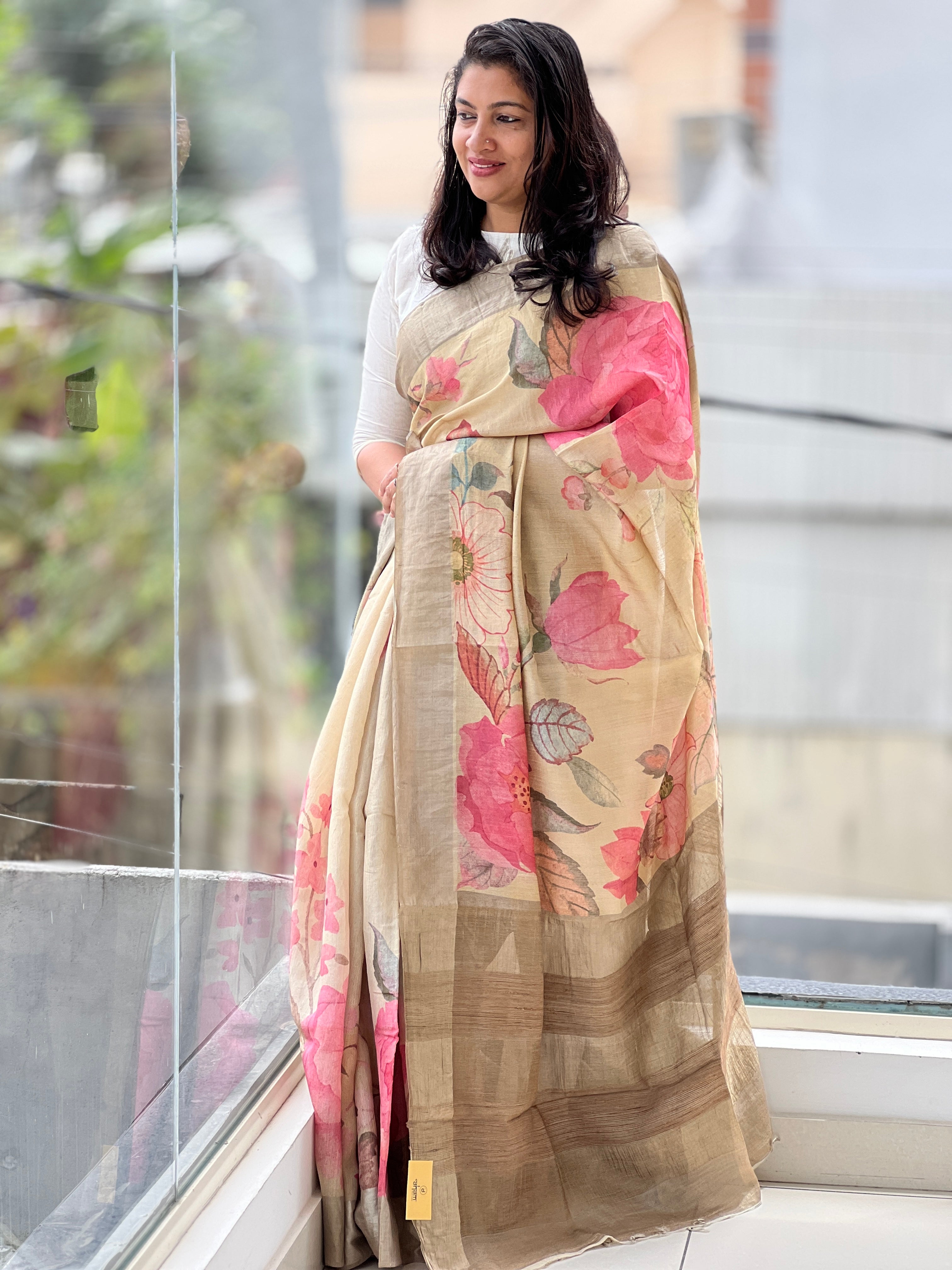 Floral Digital Print Detailed Muga Tussar Saree | MR177