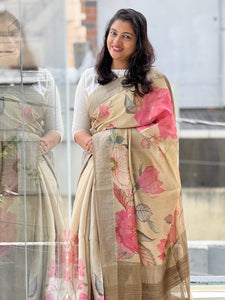 Floral Digital Print Detailed Muga Tussar Saree | MR177