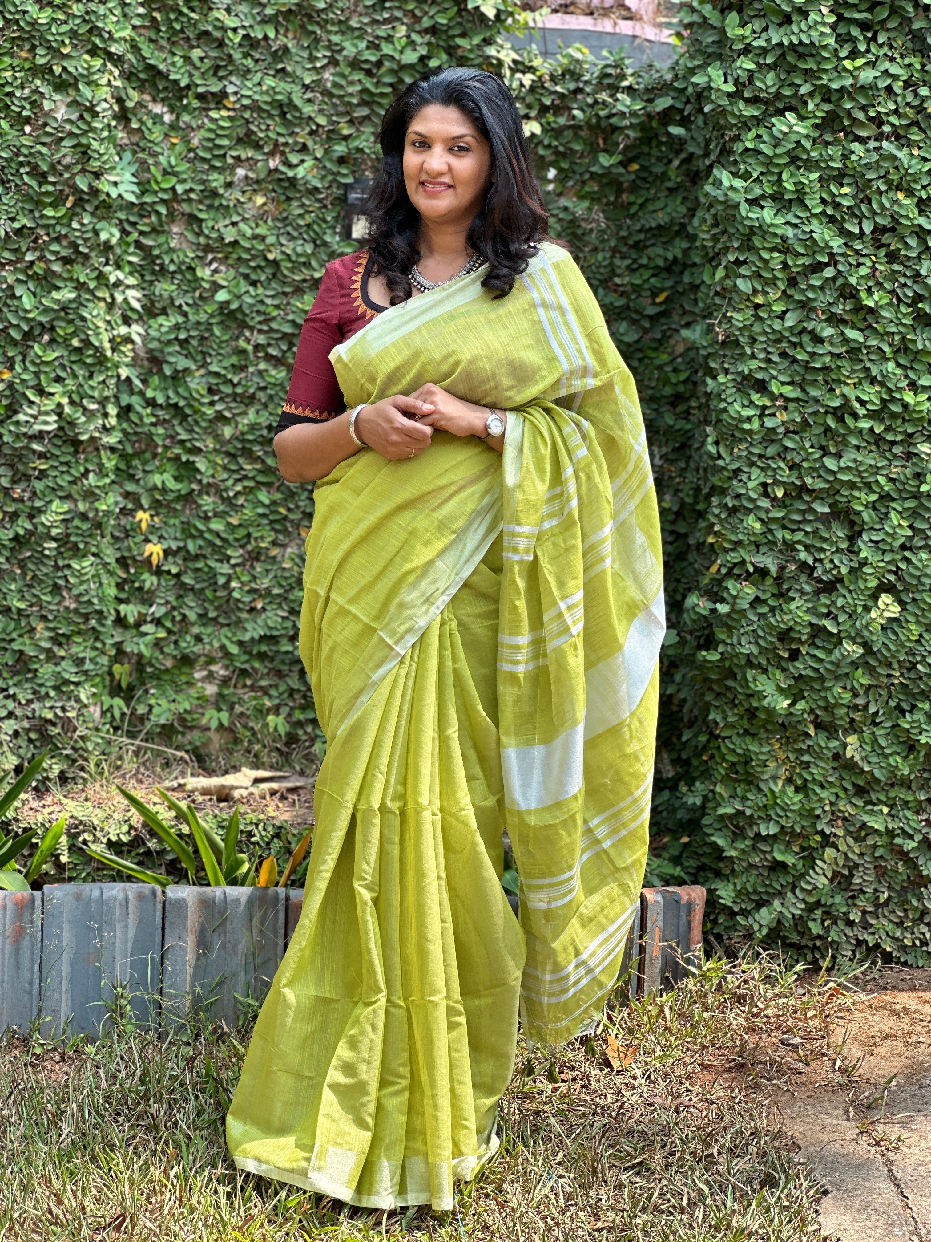 Silver Zari Border Cotton Blended Saree | RP414
