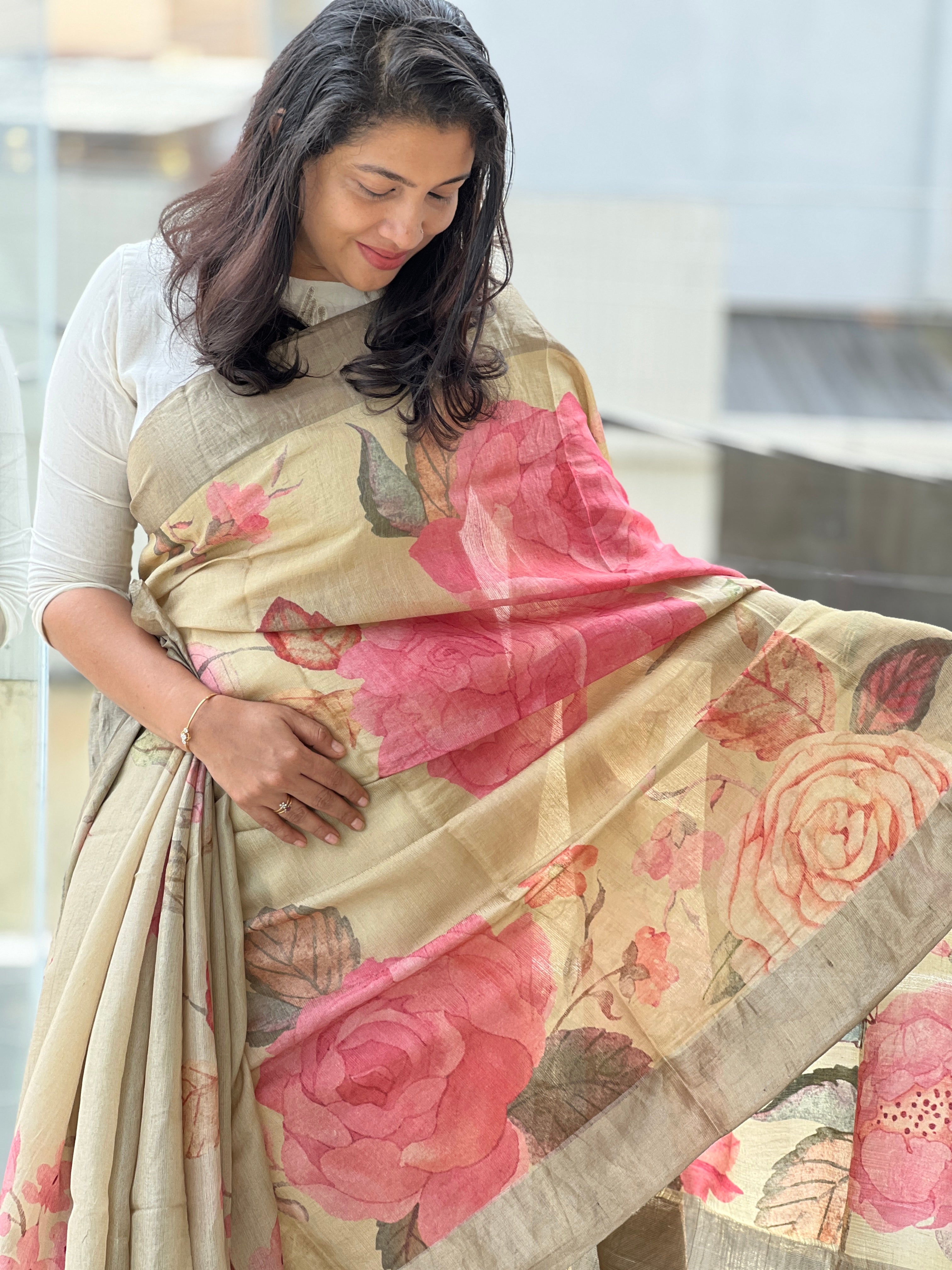 Floral Digital Print Detailed Muga Tussar Saree | MR177