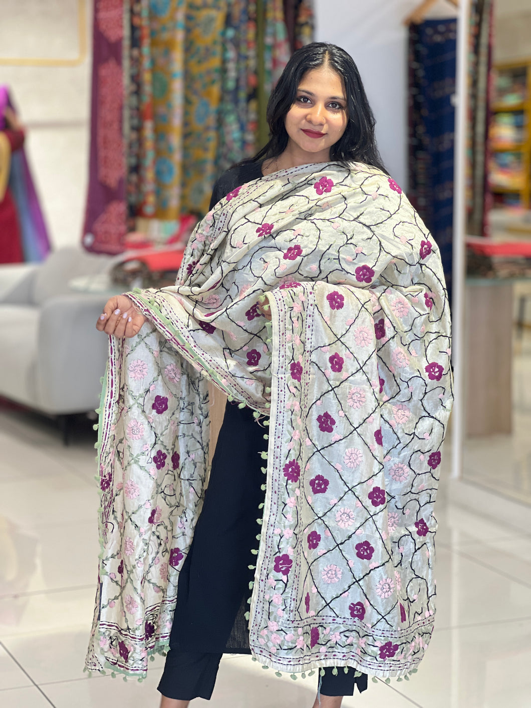 Traditional Thread Embroidery Detailed Chanderi  Finish Dupatta | VET267