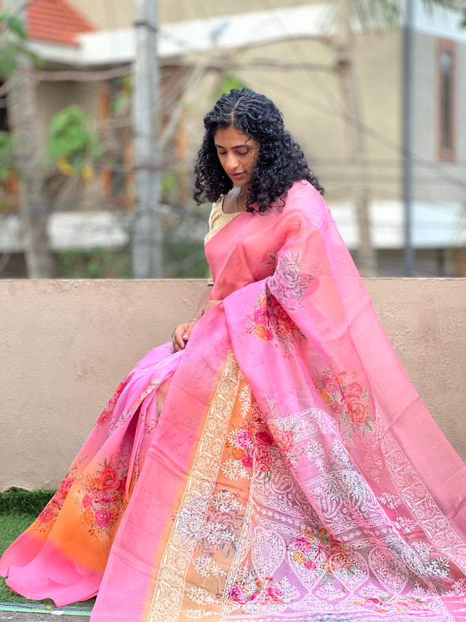 Floral Print Pattern Organza Saree | YNG133