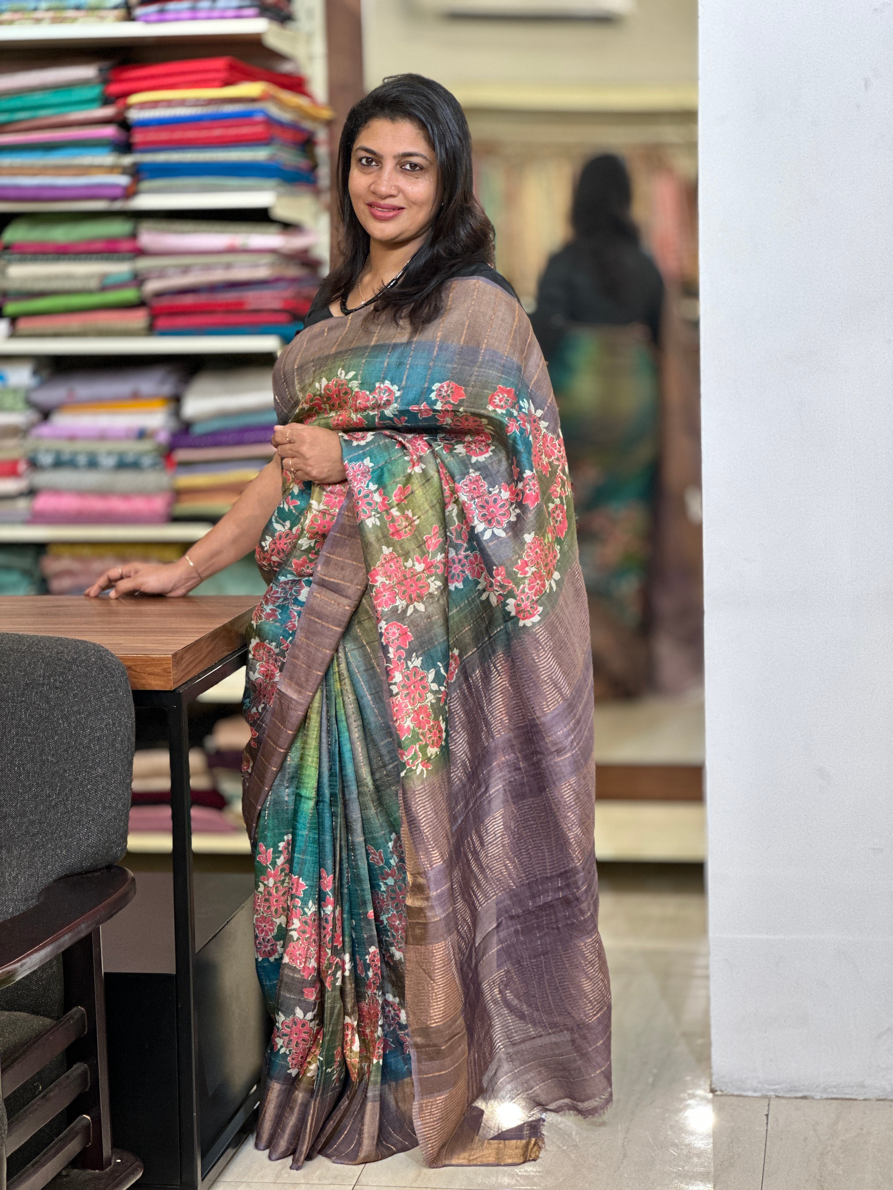 Hand Block Floral Printed Pure Desi Tussar Saree | AYD171