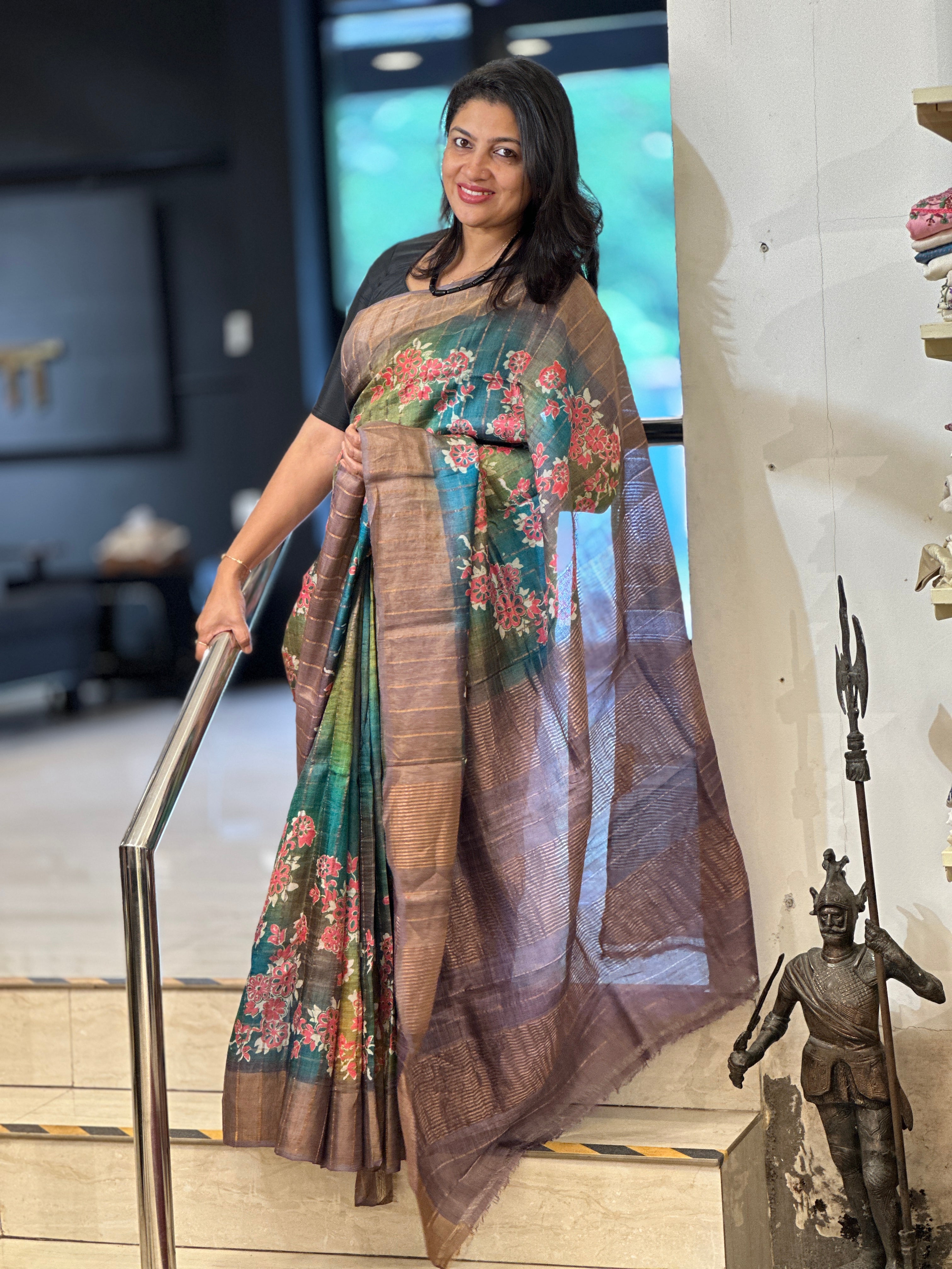 Hand Block Floral Printed Pure Desi Tussar Saree | AYD171