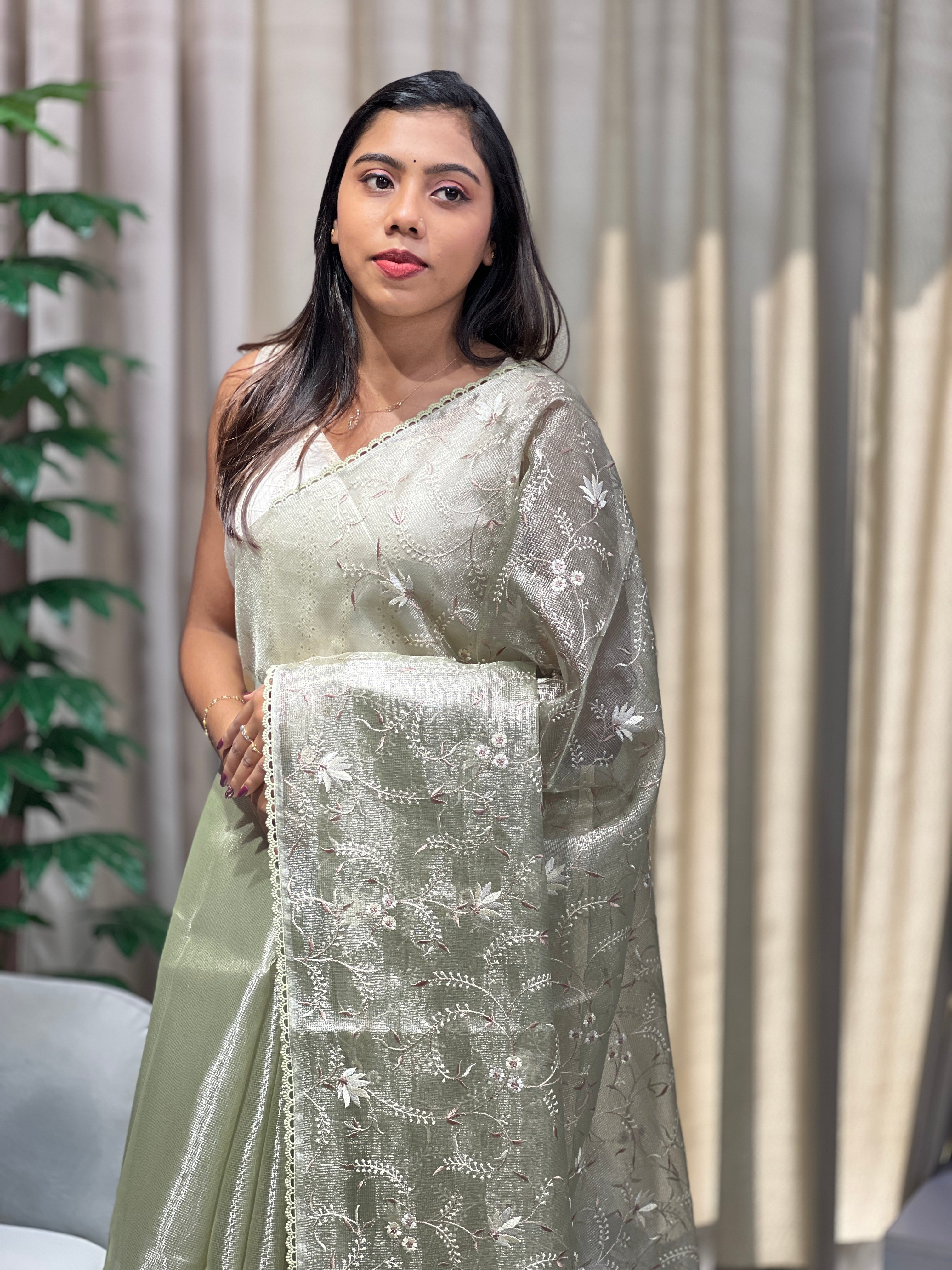 Floral Embroidery Detailed Tissue Saree | PKS154