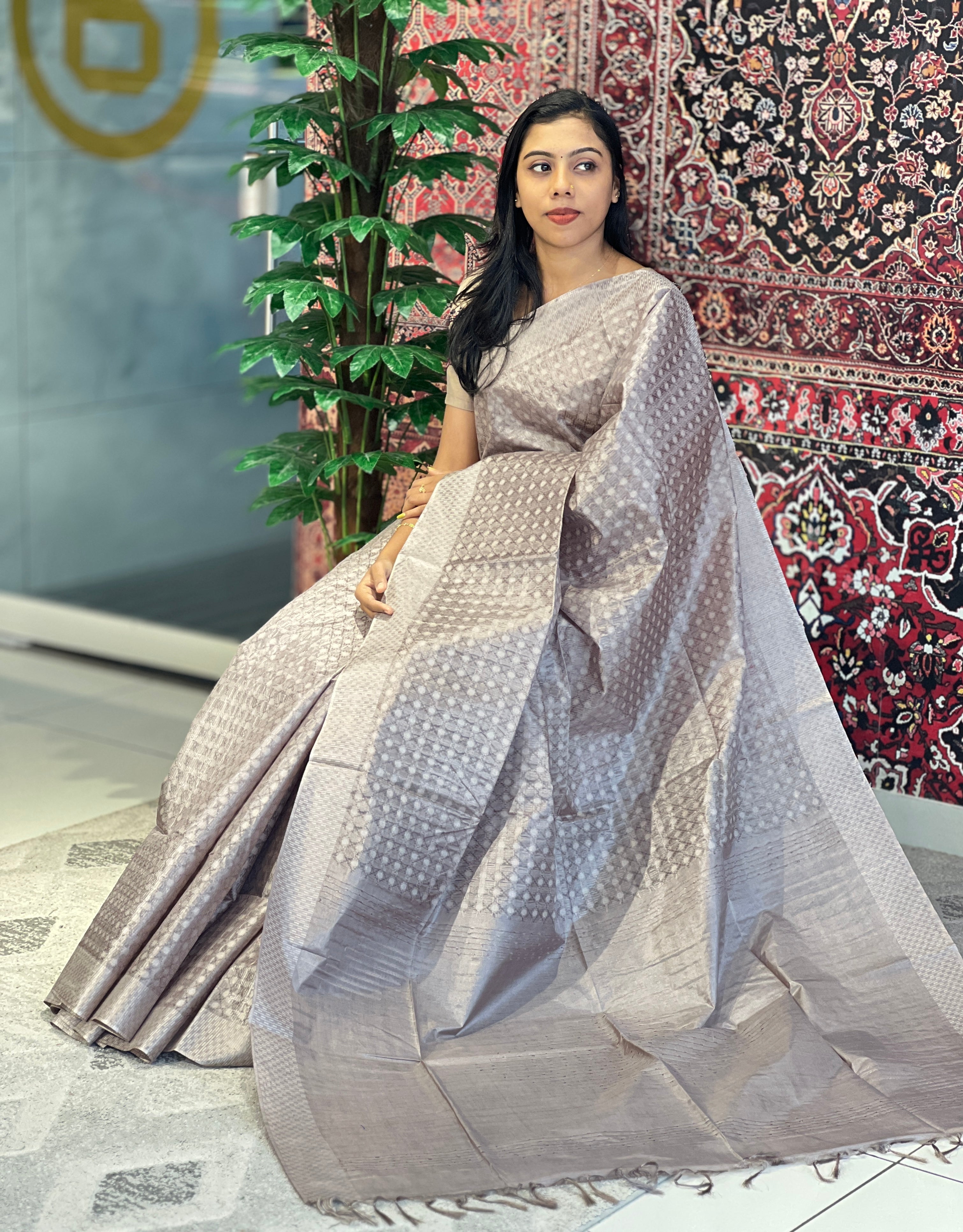 Geometric Pattern Thread Weaved Bamboo Tussar Saree | PNS175