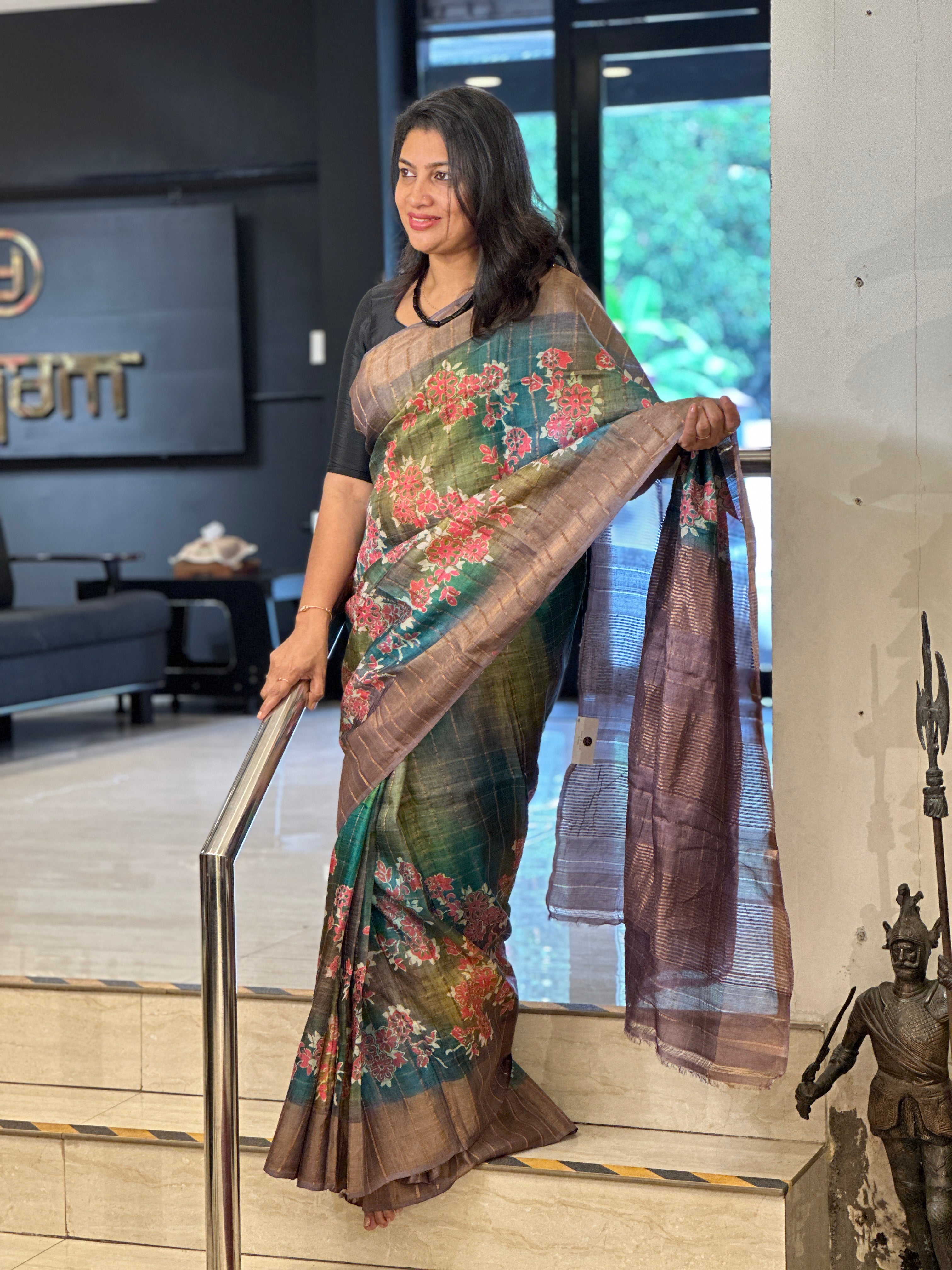 Hand Block Floral Printed Pure Desi Tussar Saree | AYD171