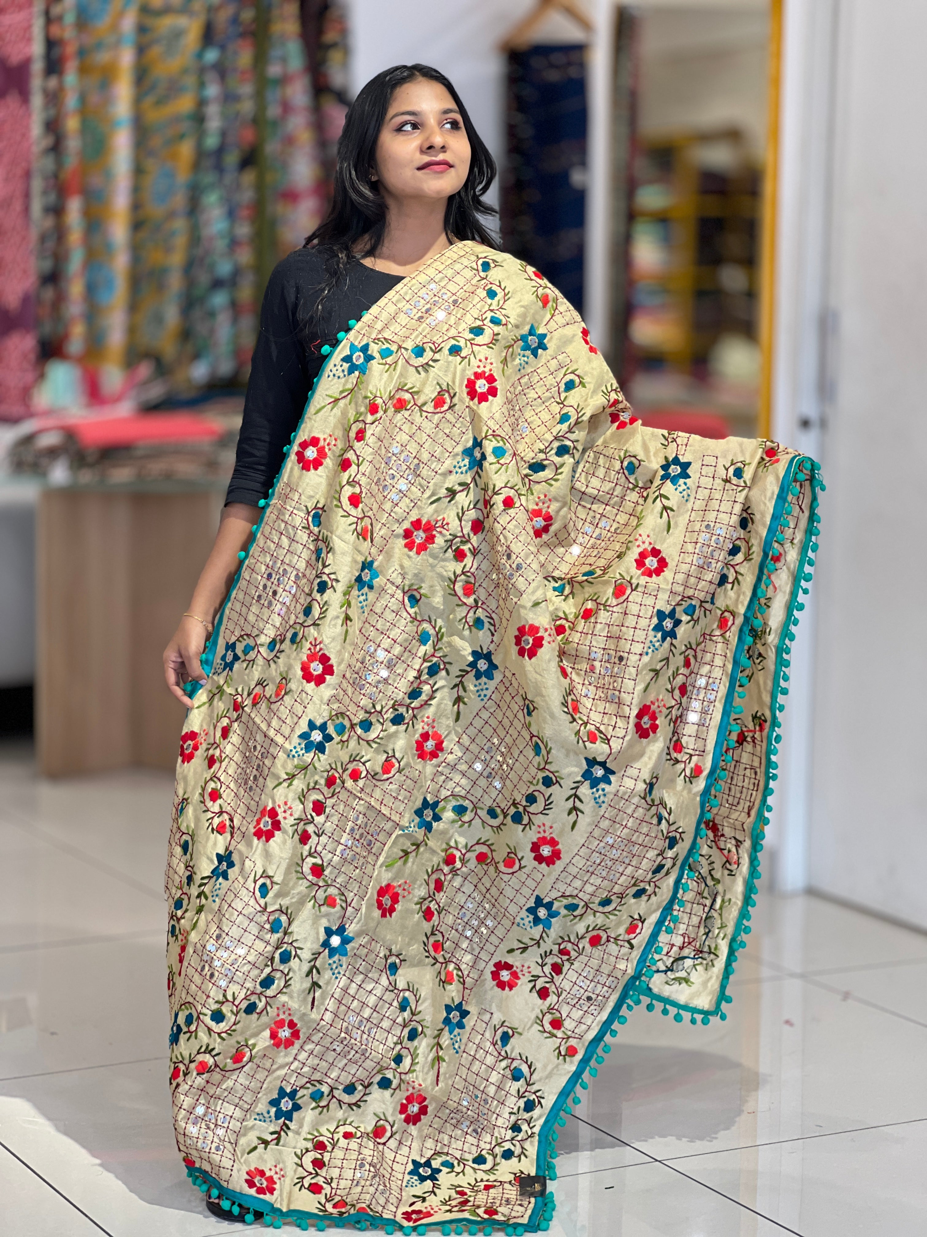 Traditional Thread Embroidery Detailed Chanderi Finish Dupatta | VET258