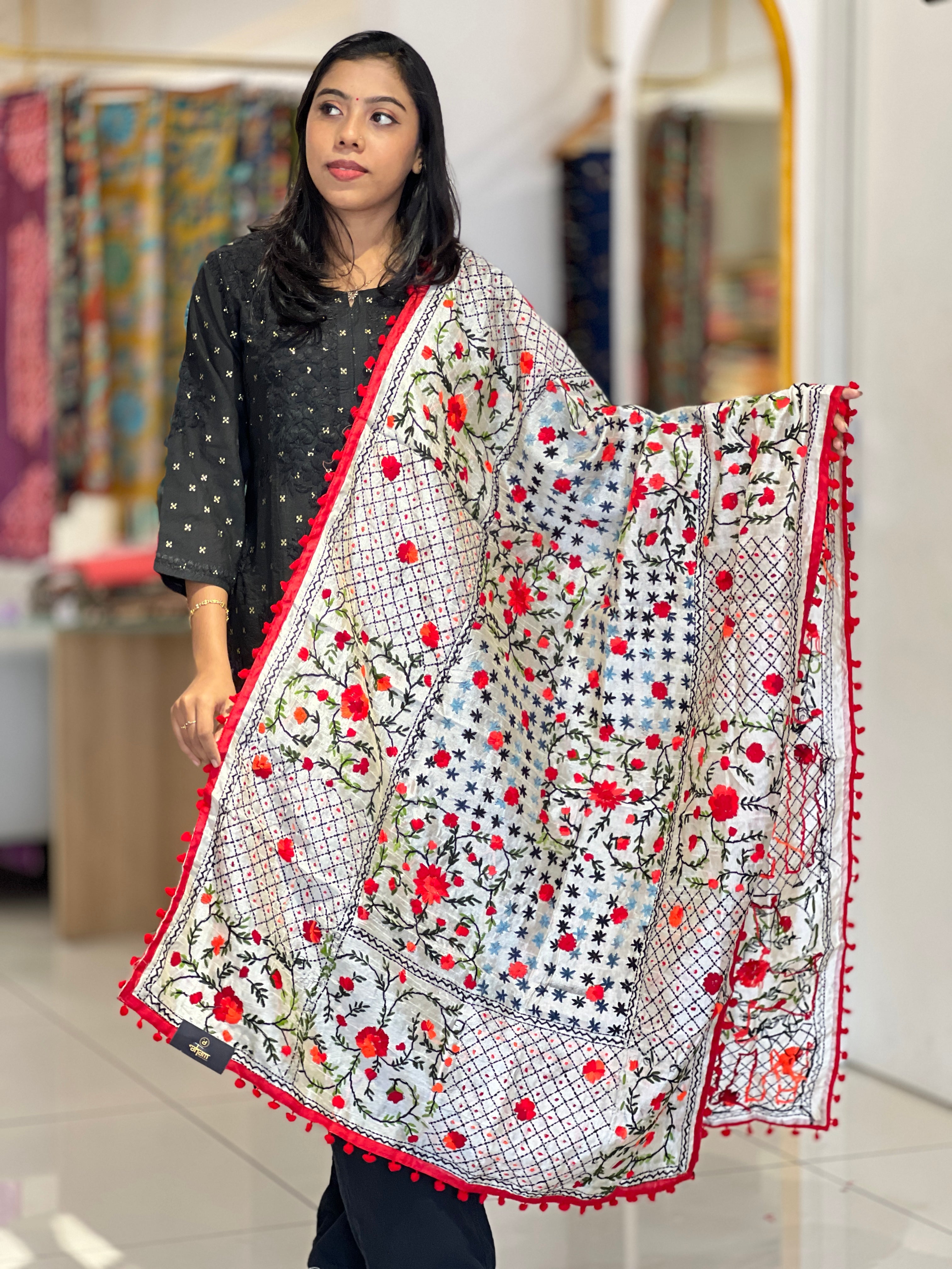 Traditional Thread Embroidery Detailed Chanderi Finish Dupatta | VET302