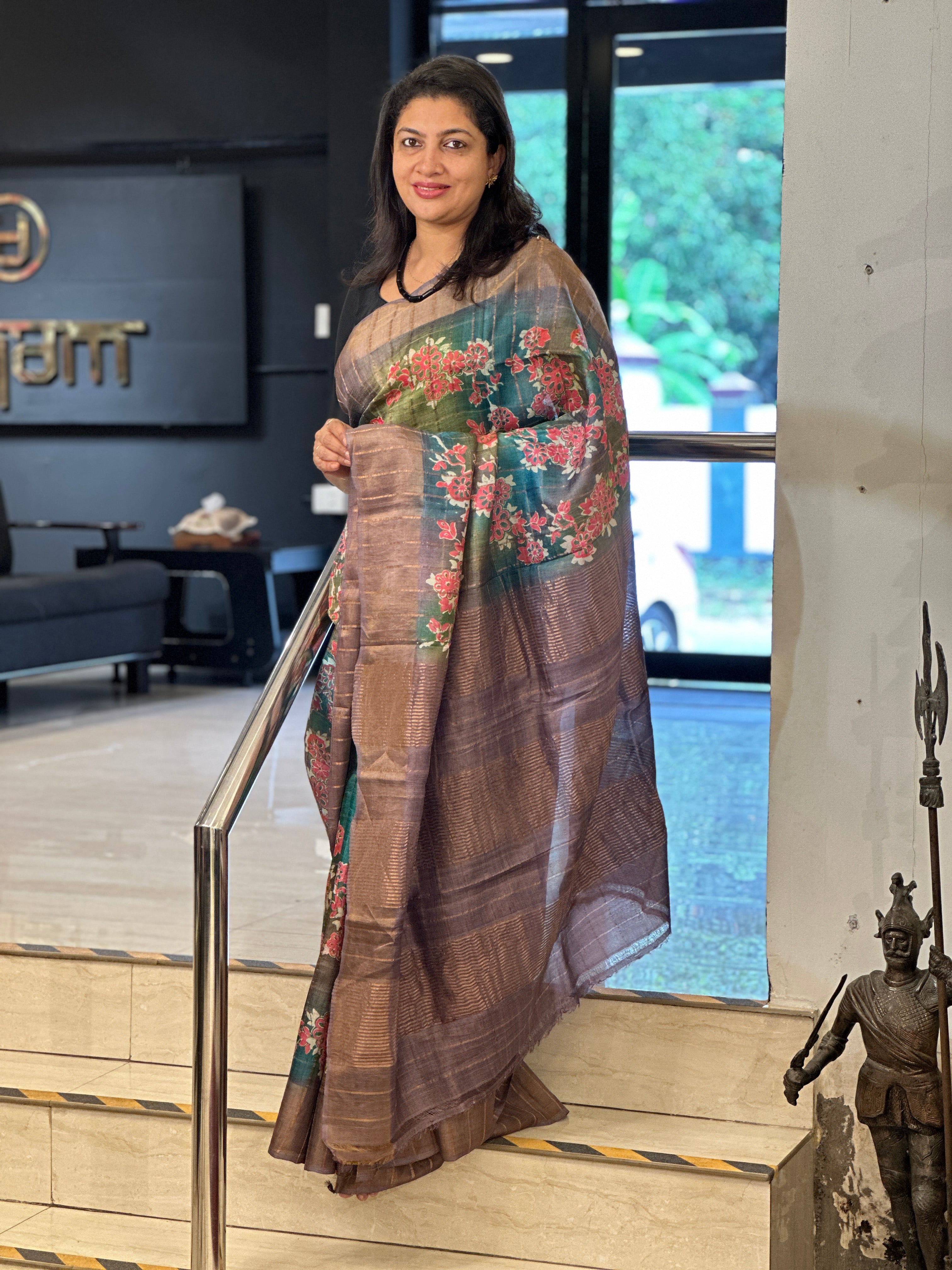 Hand Block Floral Printed Pure Desi Tussar Saree | AYD171