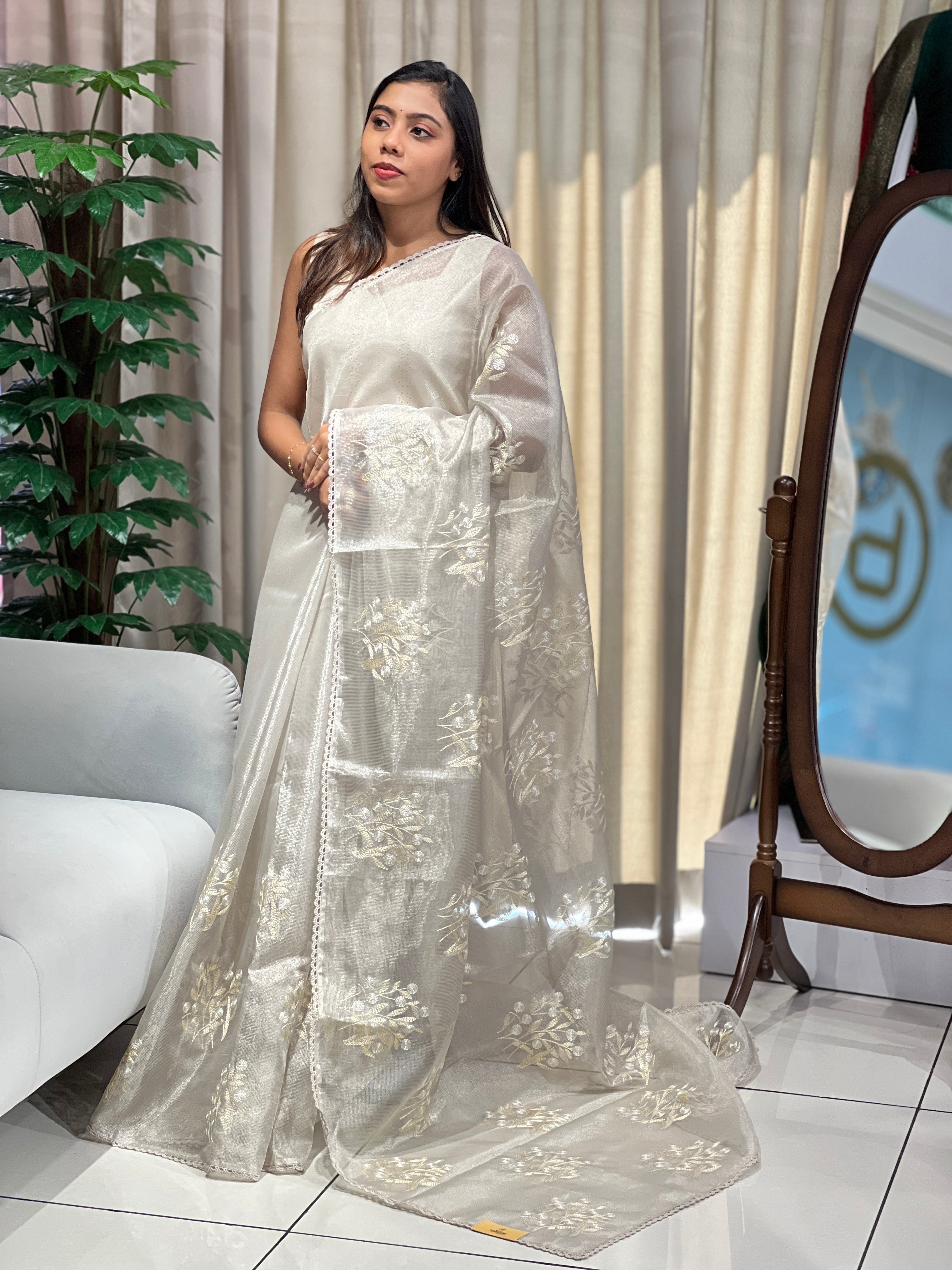 Floral Embroidery Detailed Tissue Saree | PKS146