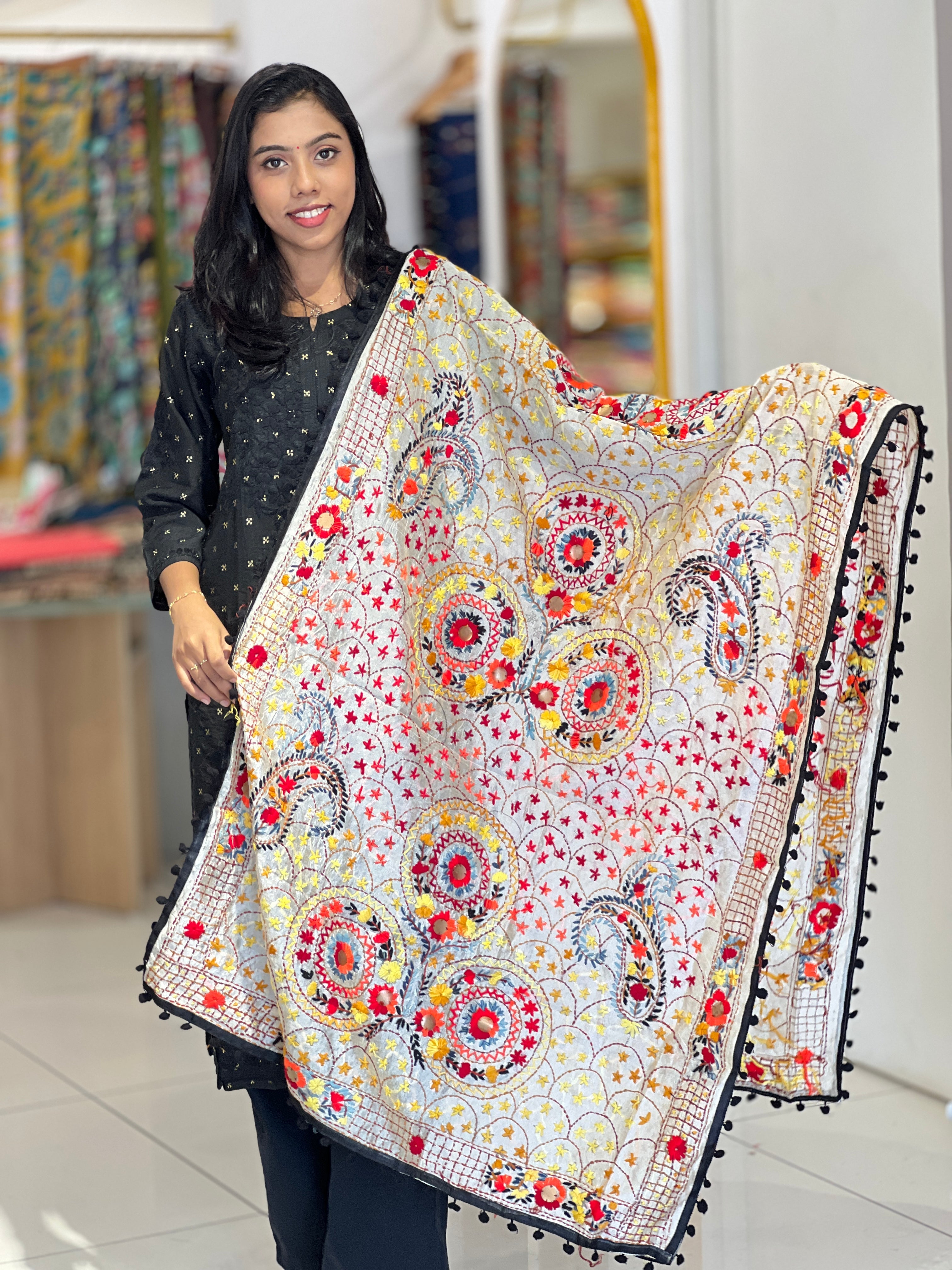 Traditional Thread Embroidery Detailed Chanderi Finish Dupatta | VET309