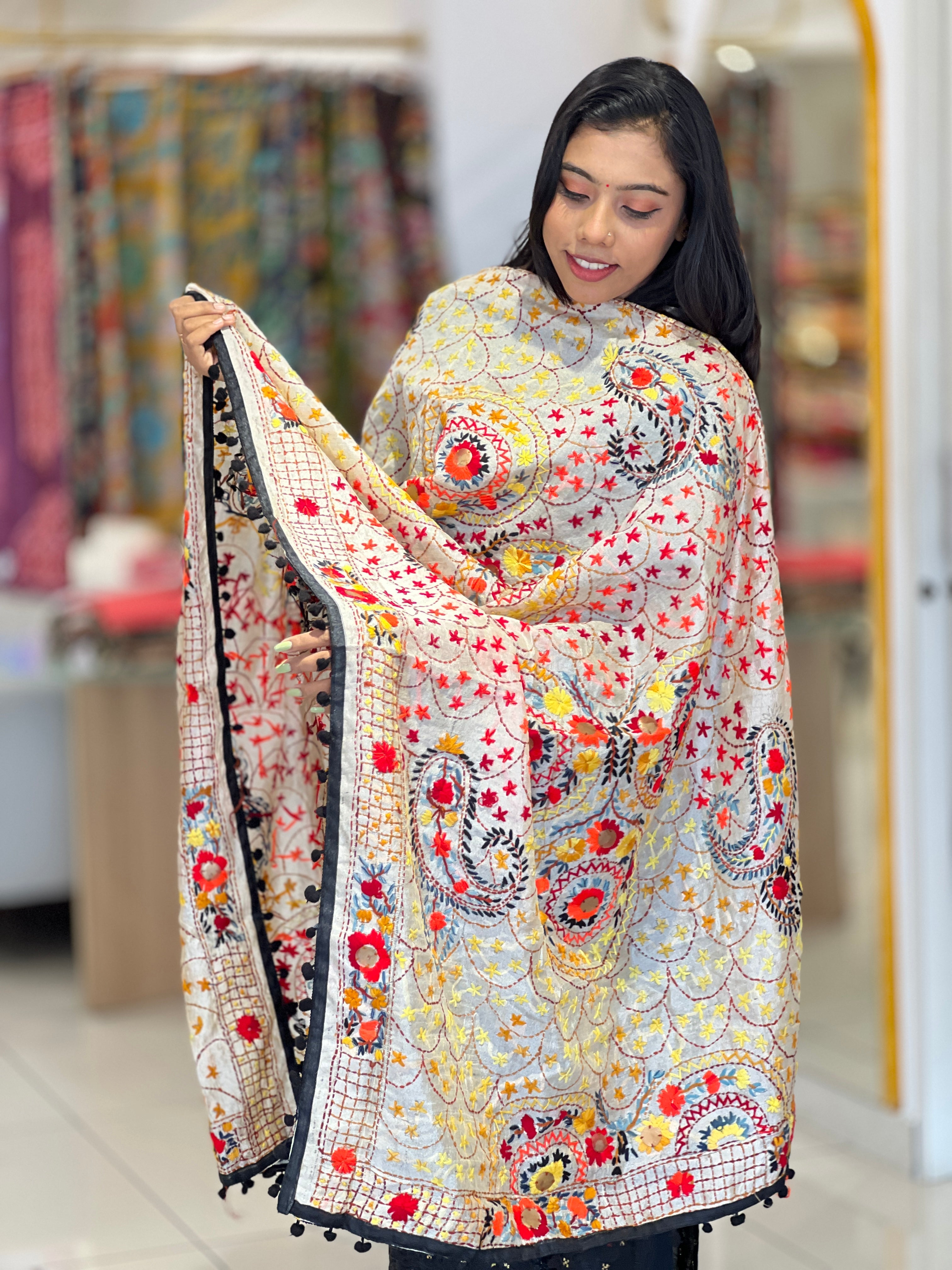 Traditional Thread Embroidery Detailed Chanderi Finish Dupatta | VET309