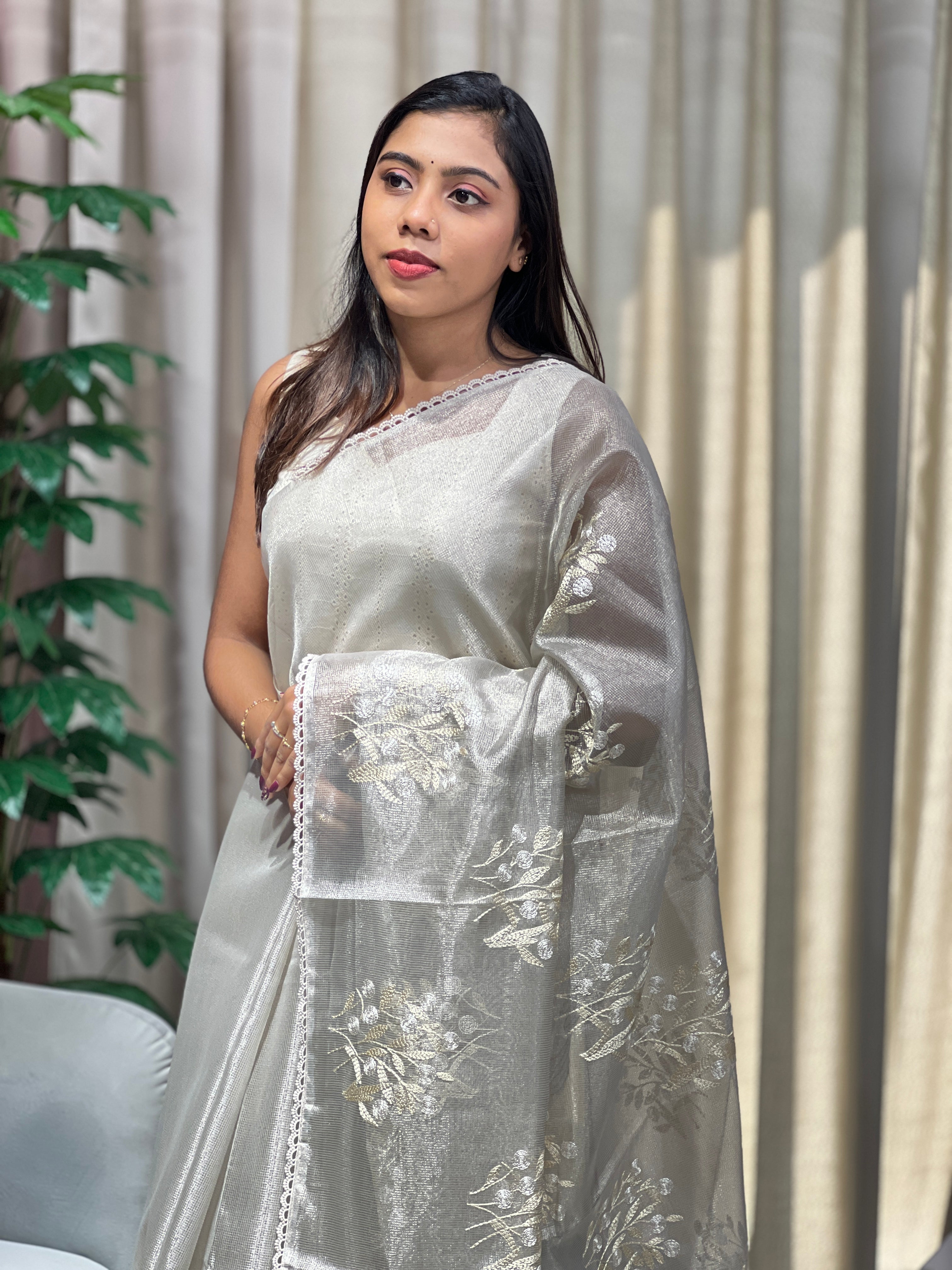 Floral Embroidery Detailed Tissue Saree | PKS146