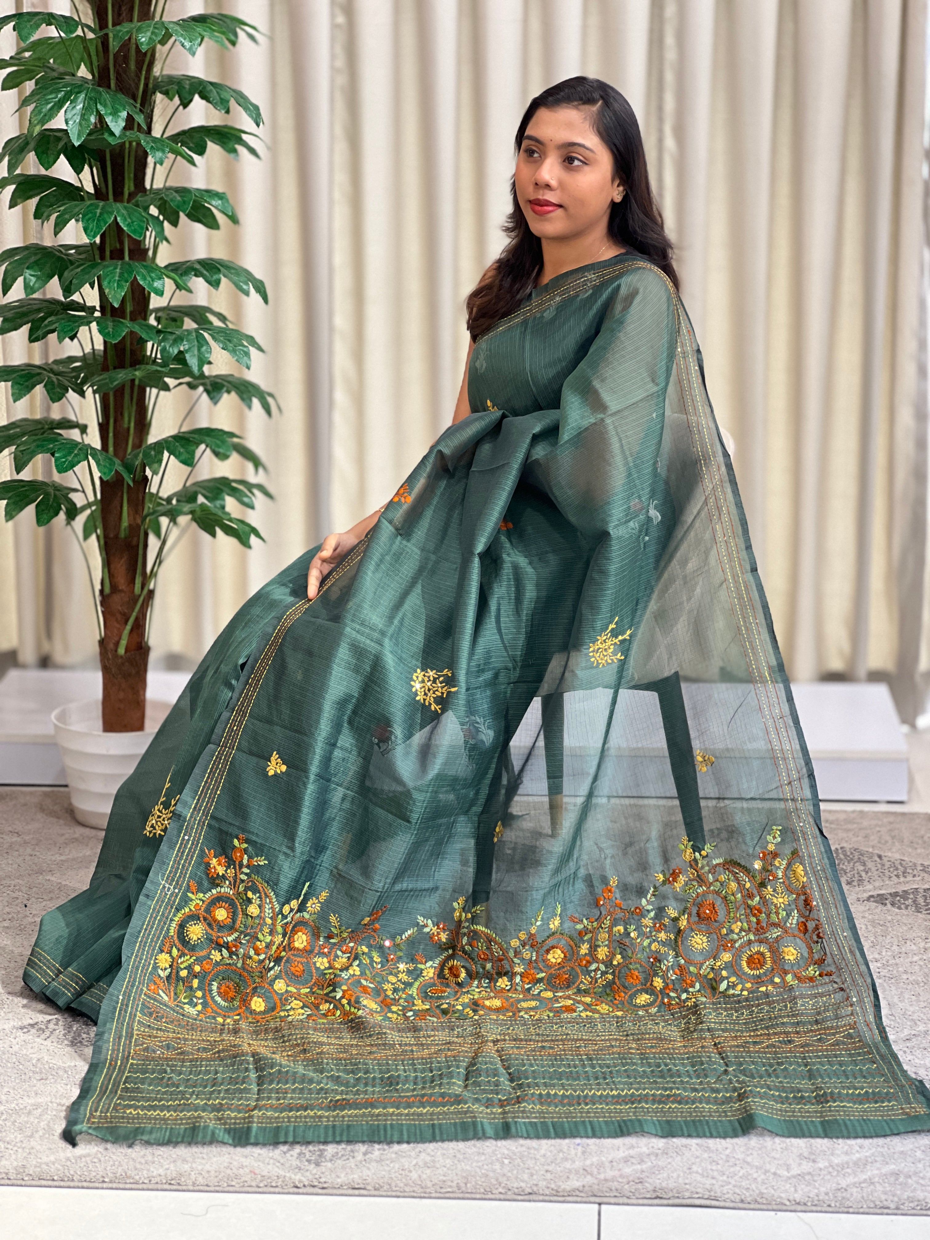 Hand Embroidered Muga Check Organza Saree | JSC753
