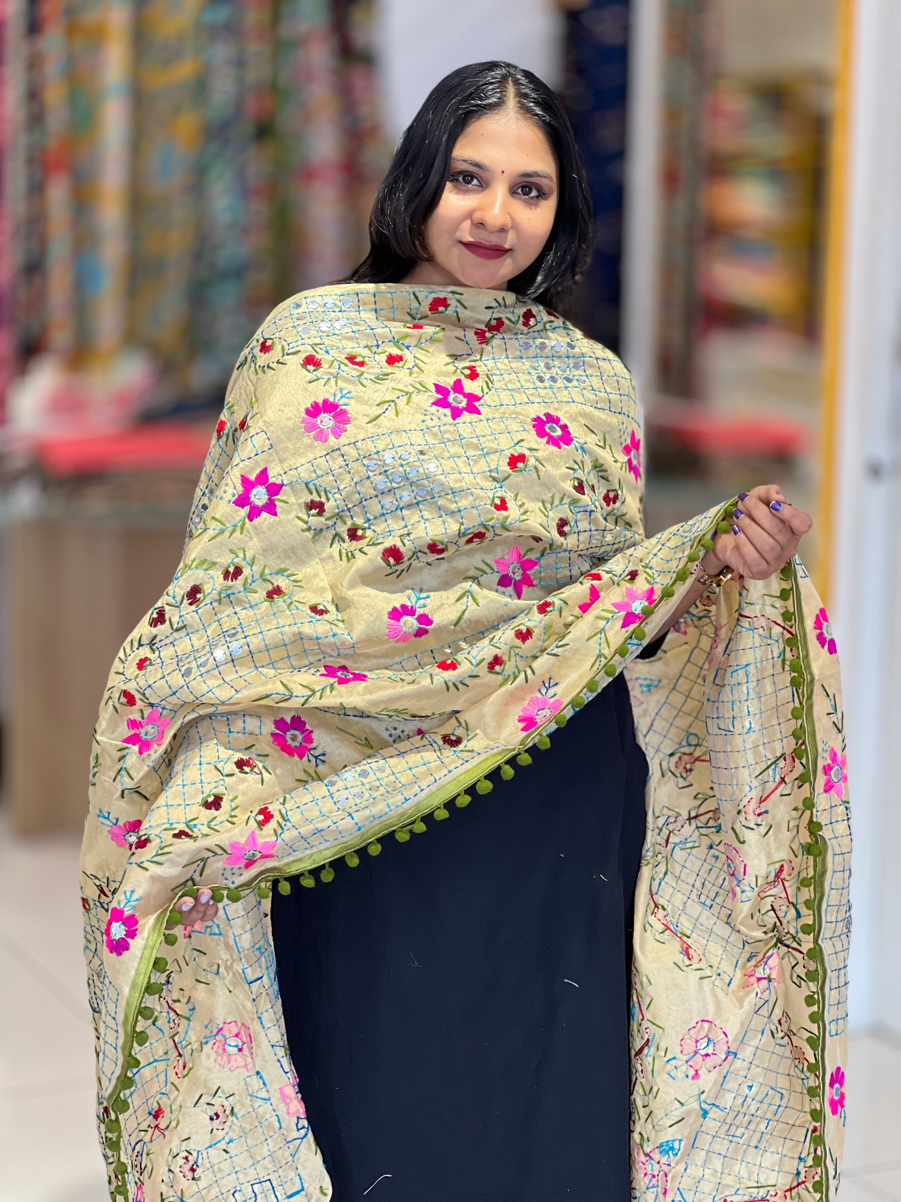 Traditional Thread Embroidery Detailed Chanderi Finish Dupatta | VET259