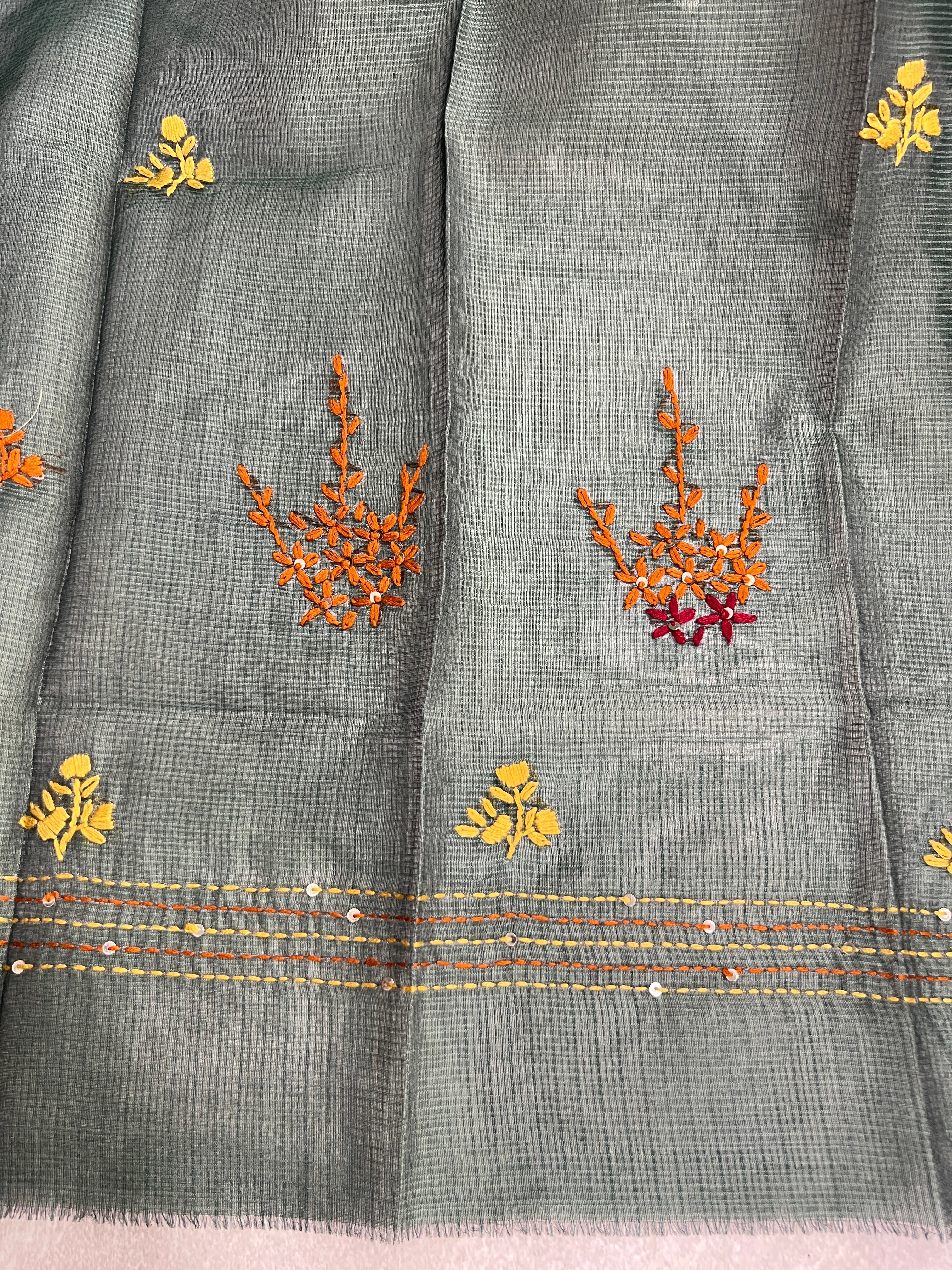 Hand Embroidered Muga Check Organza Saree | JSC753