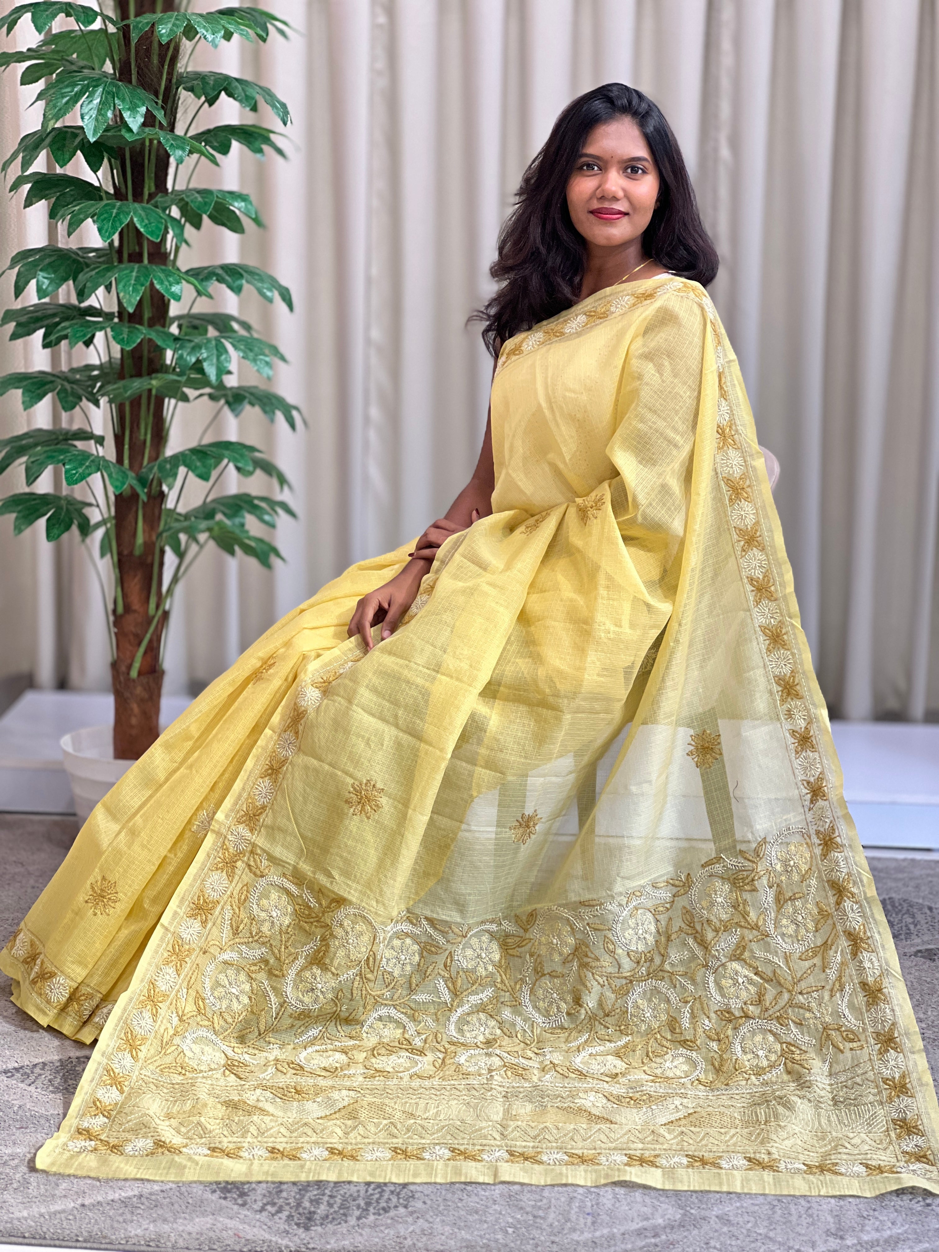 Hand Embroidered Muga Check Organza Saree | JSC756