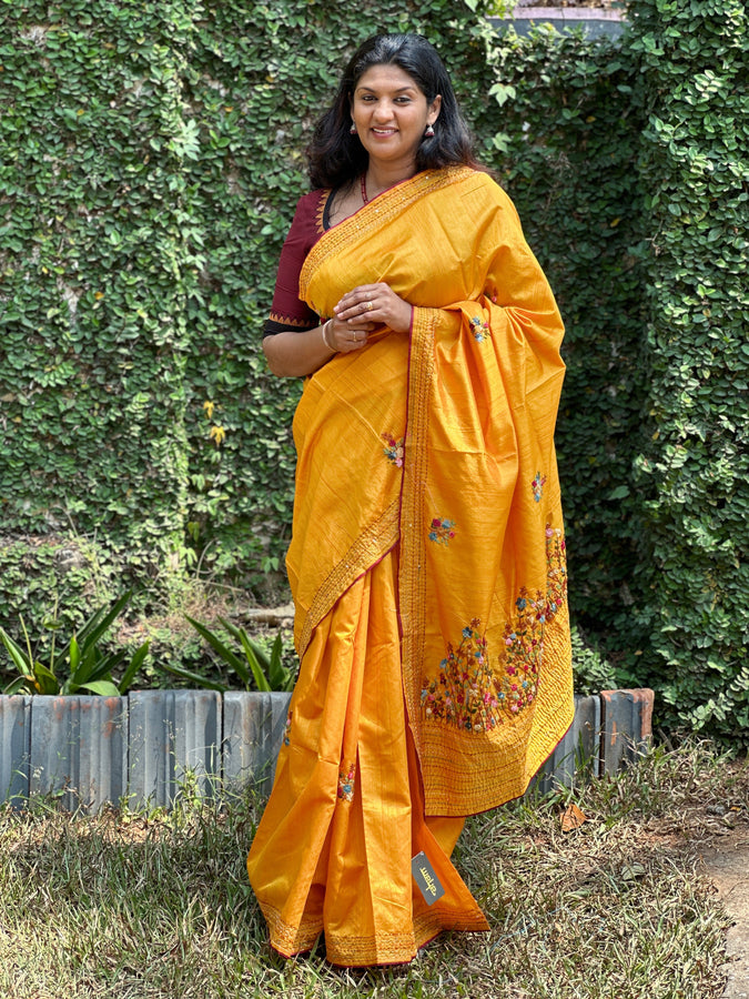 Hand Embroidered Semi Tussar Saree | BLD402