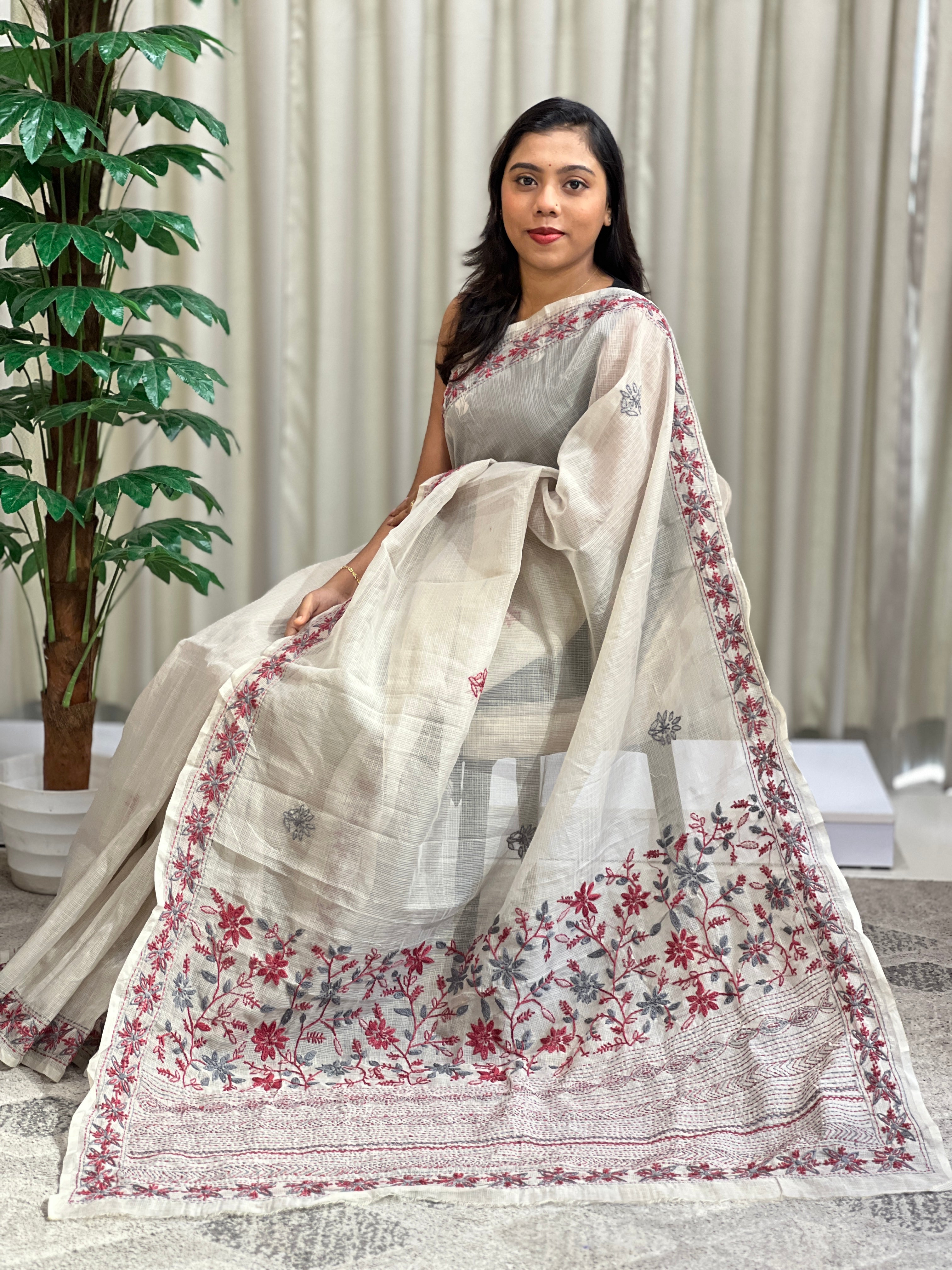 Hand Embroidered Muga Check Organza Saree | JSC755