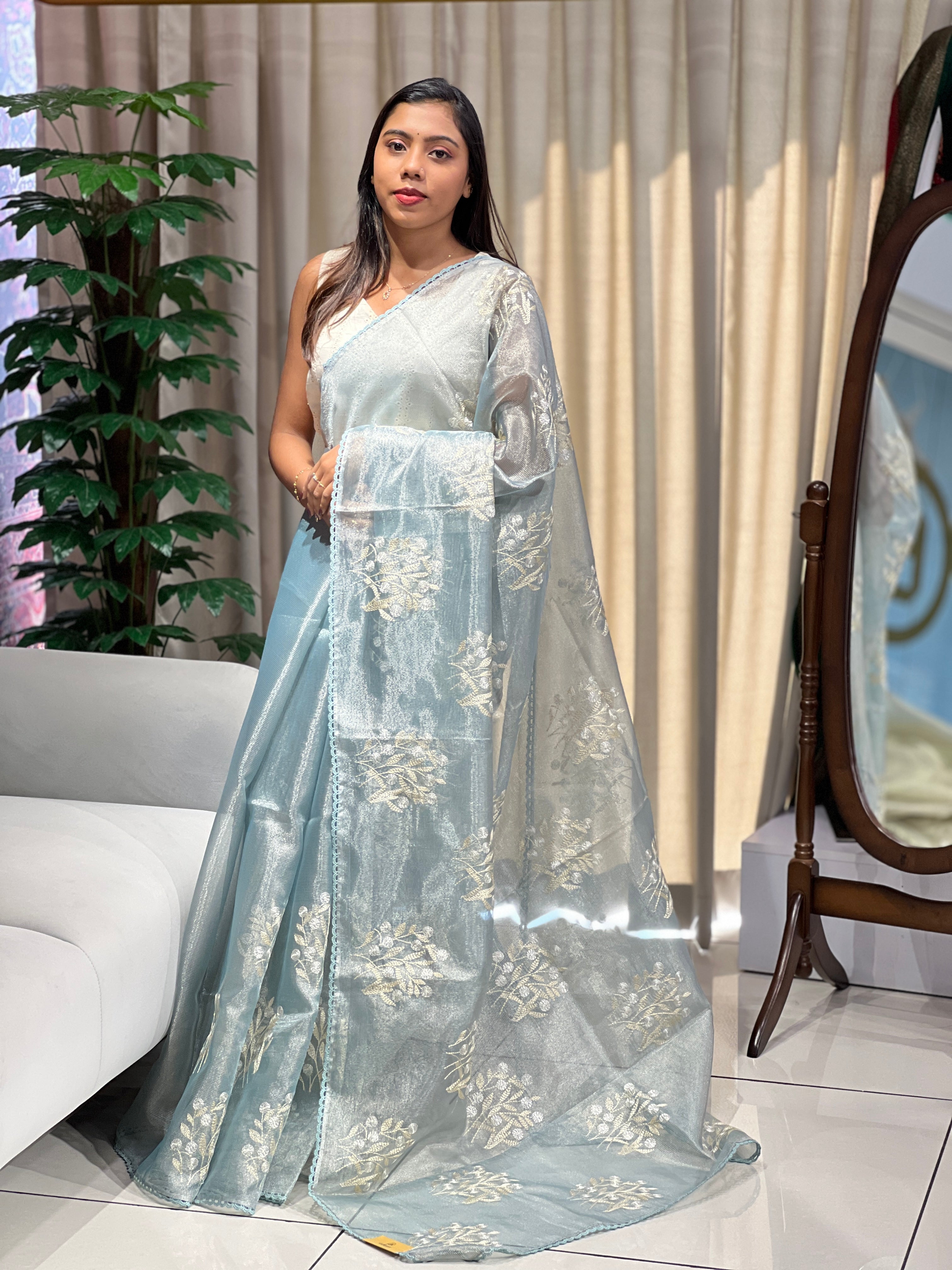 Floral Embroidery Detailed Tissue Saree | PKS148