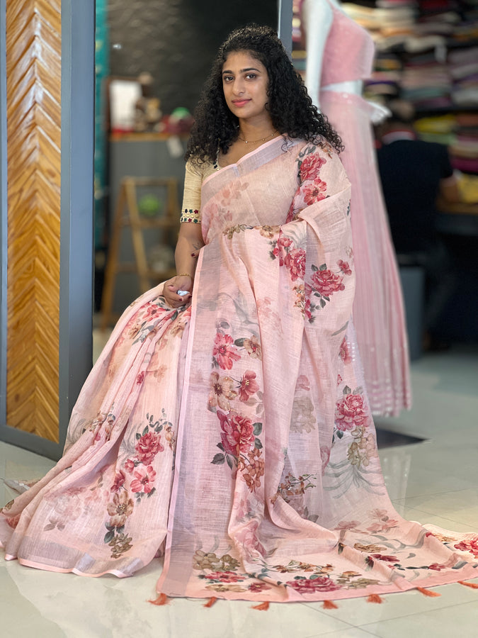 Floral Printed Bagalpuri Linen Saree | BLD341