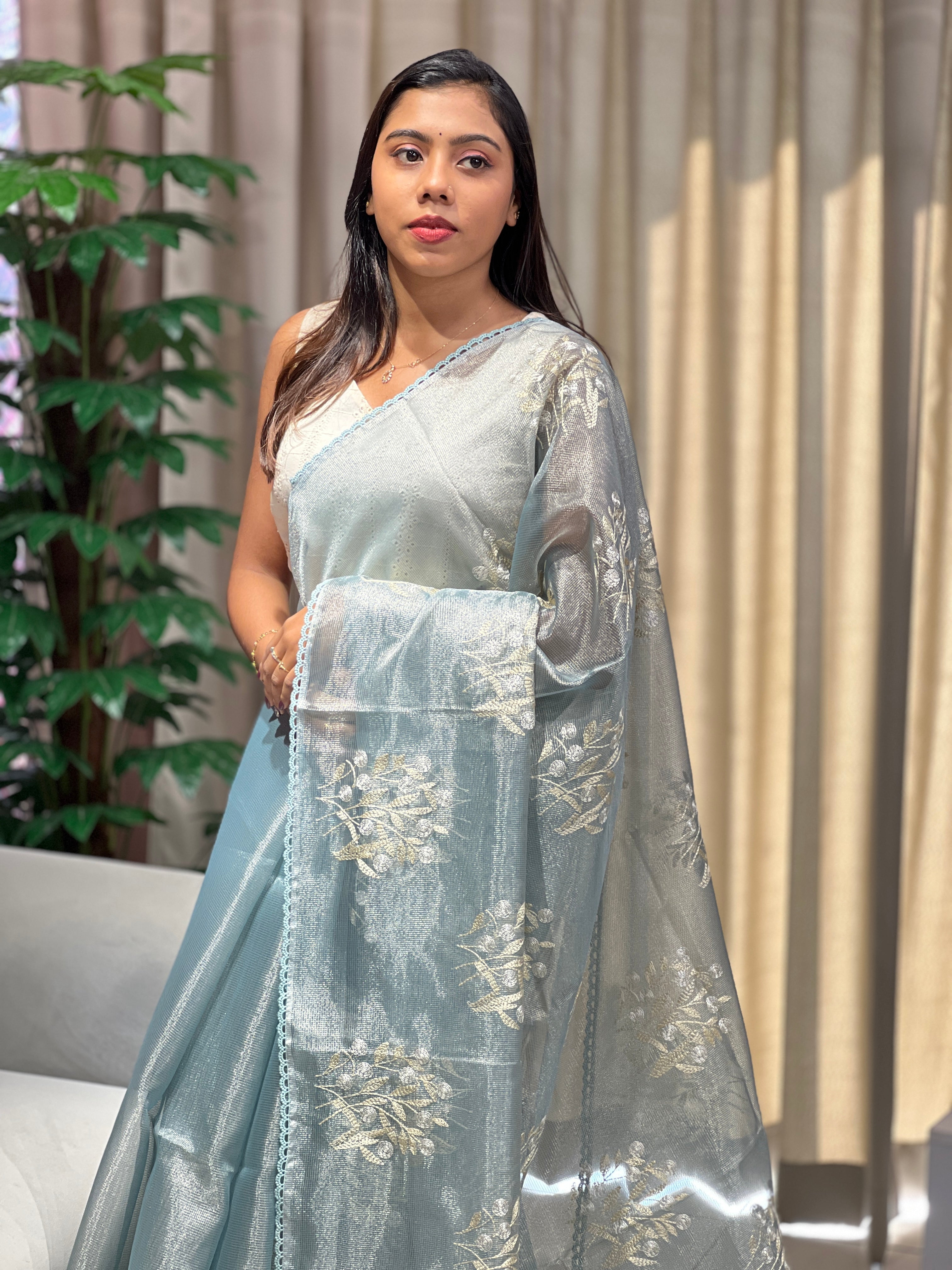 Floral Embroidery Detailed Tissue Saree | PKS148