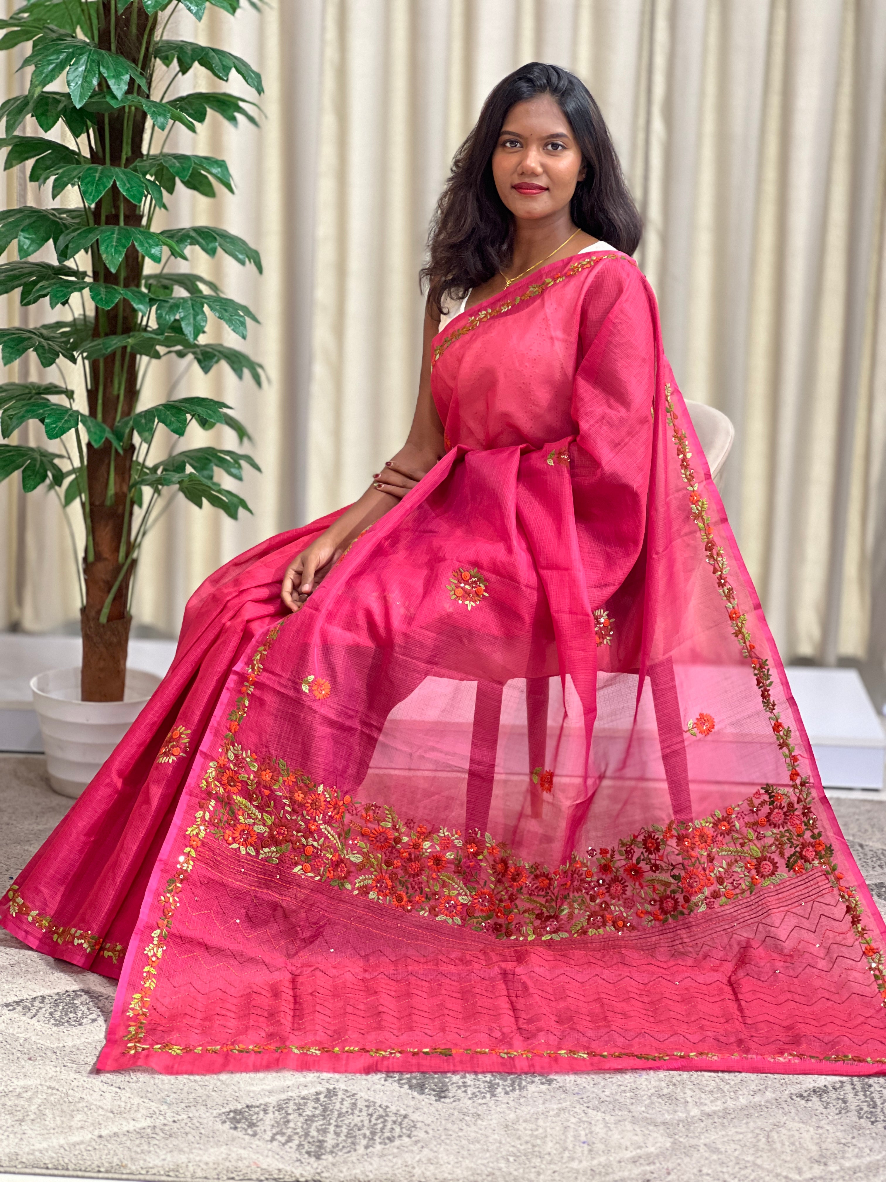 Hand Embroidered Muga Check Organza Saree | JSC749